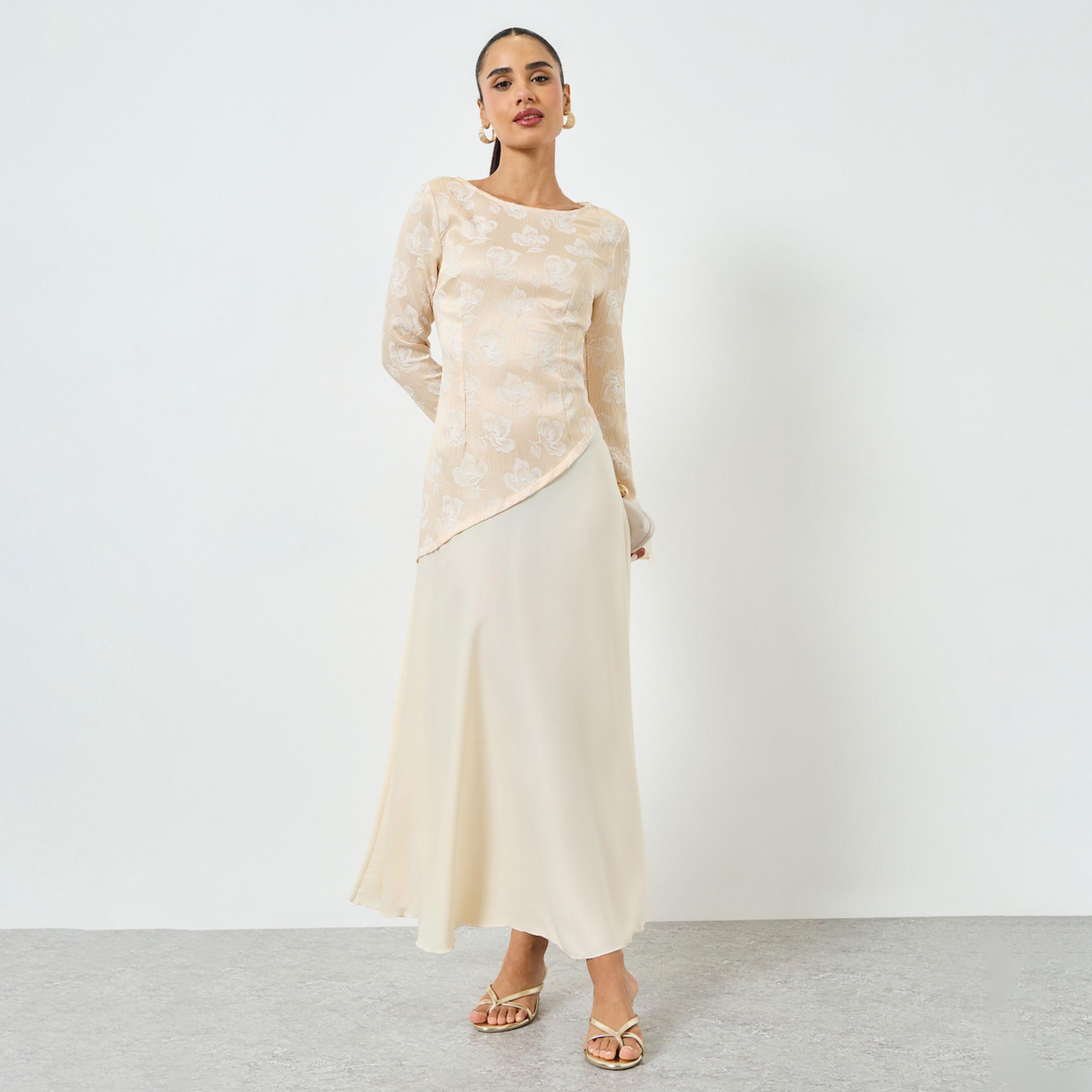 Styli Beige Floral Long Sleeves A-Line Maxi Dress-women-clothing-dresses-image-1