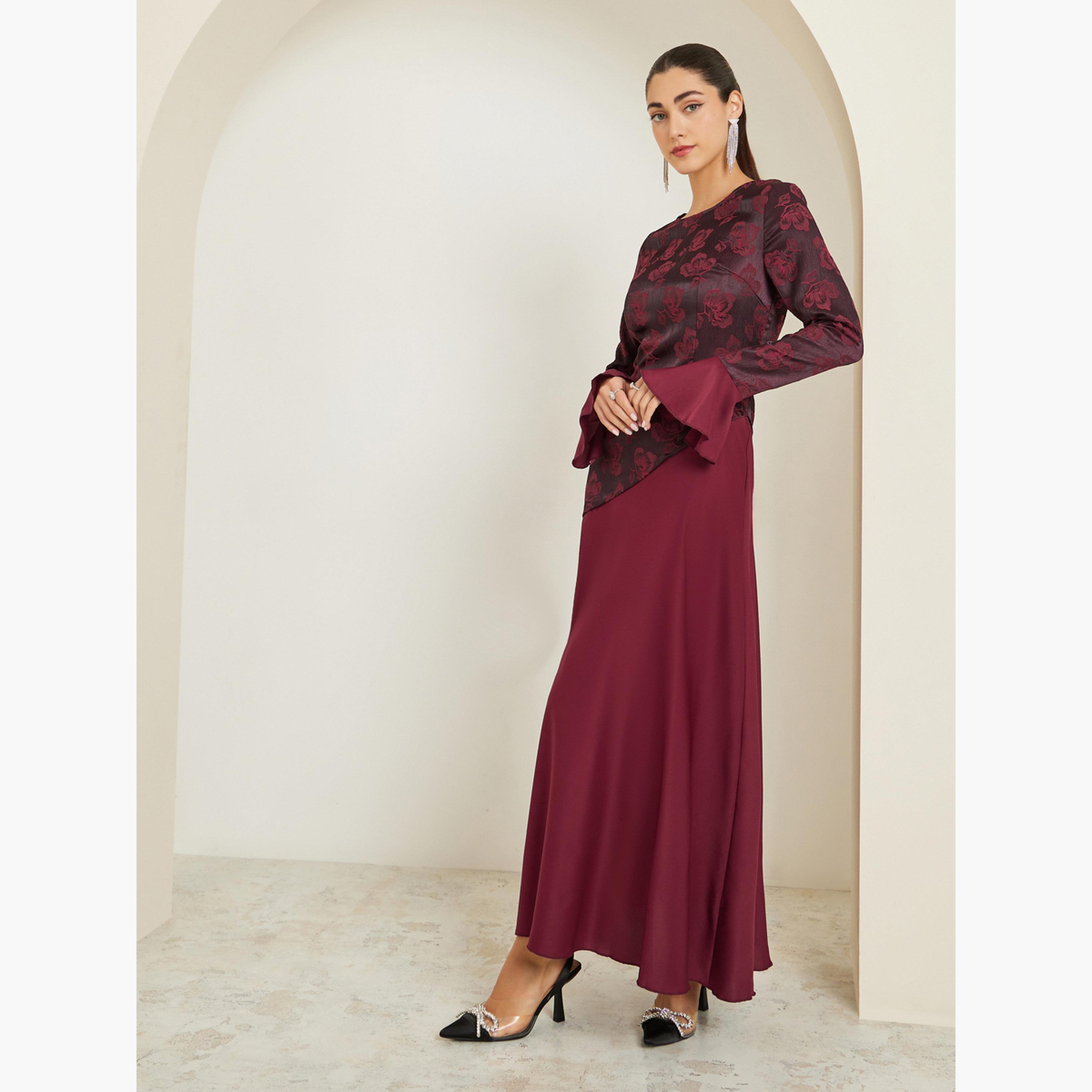 ستايلي - فستان ماكسي بأكمام واسعة تصميم A لون برغندي-women-clothing-dresses-image-2
