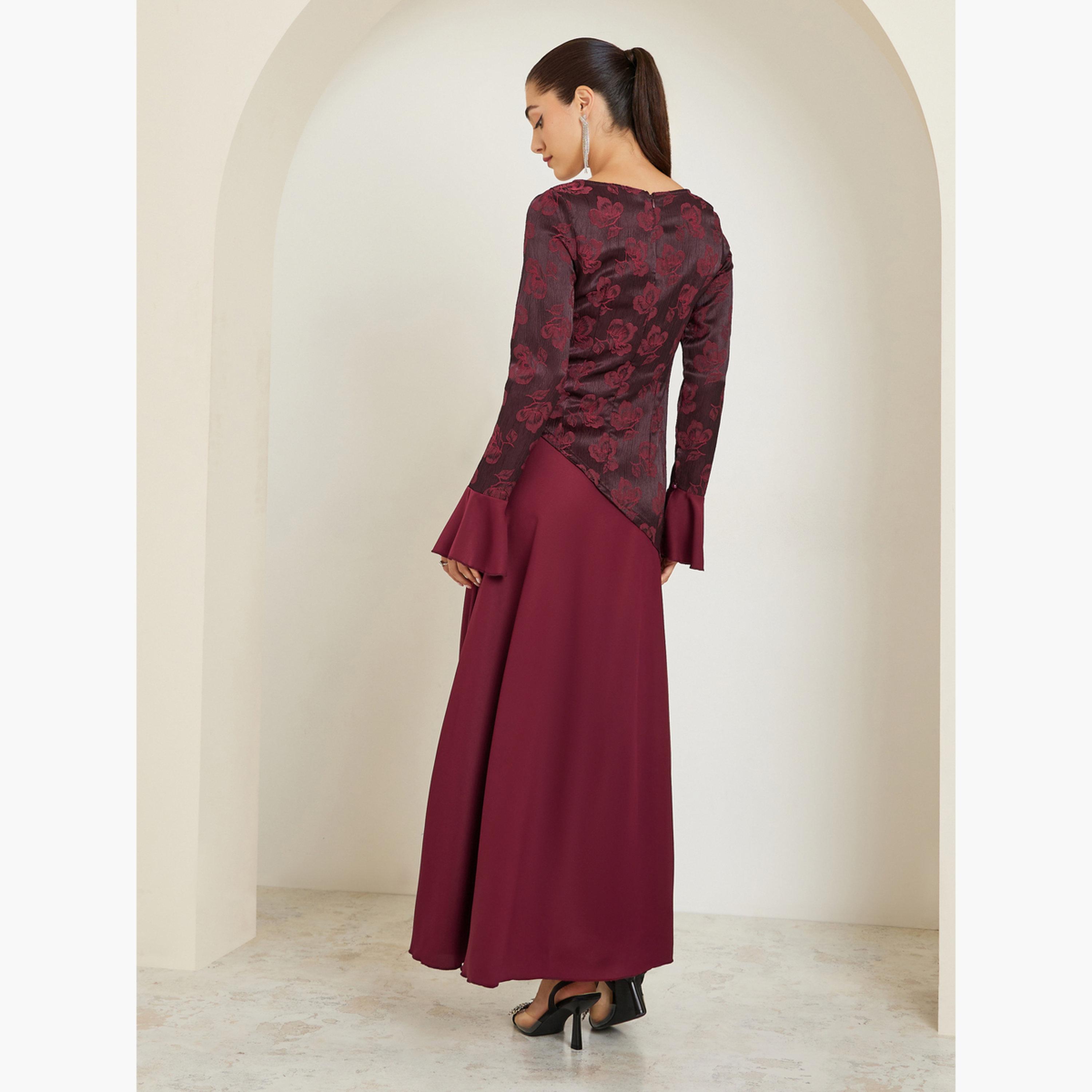 ستايلي - فستان ماكسي بأكمام واسعة تصميم A لون برغندي-women-clothing-dresses-image-3