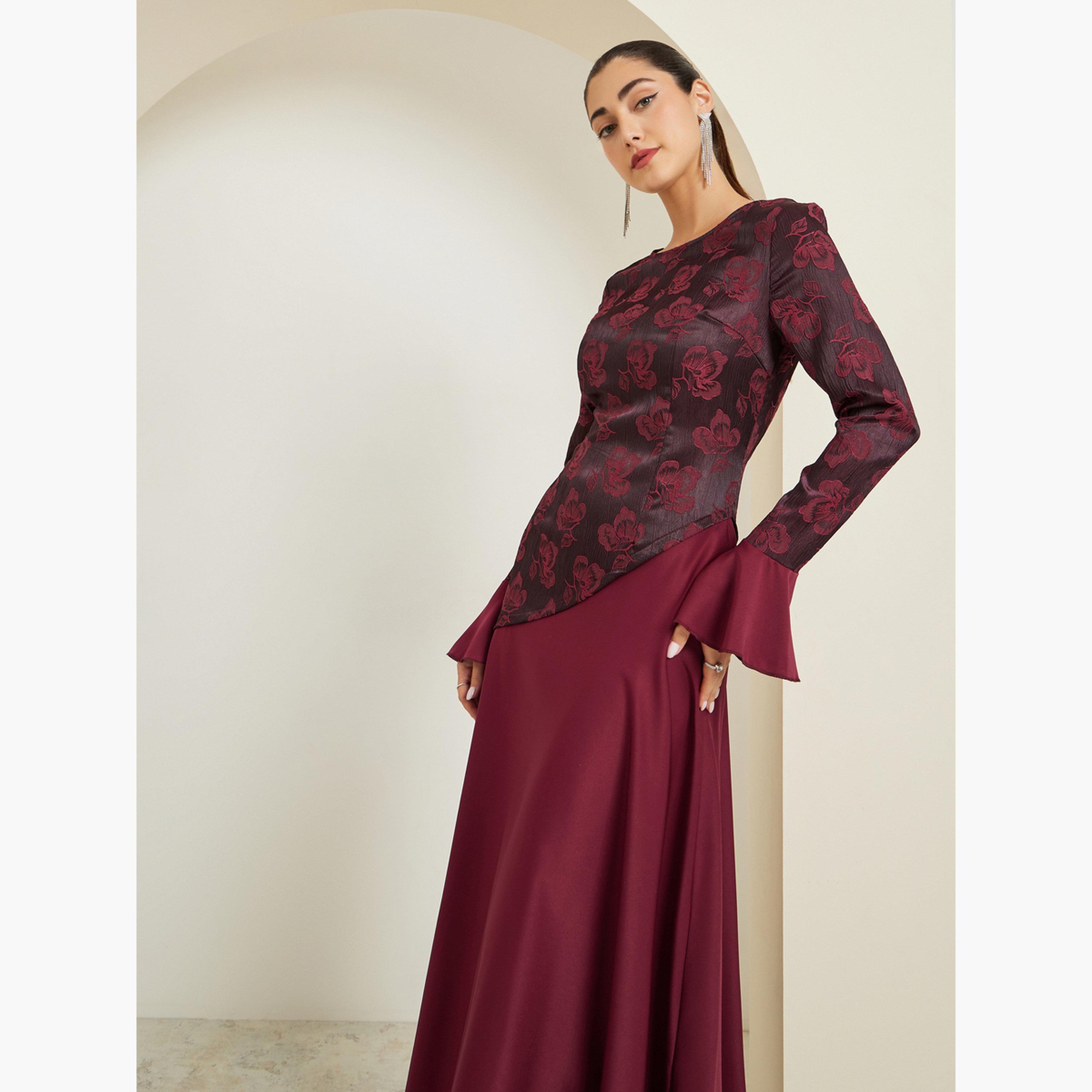 ستايلي - فستان ماكسي بأكمام واسعة تصميم A لون برغندي-women-clothing-dresses-image-4