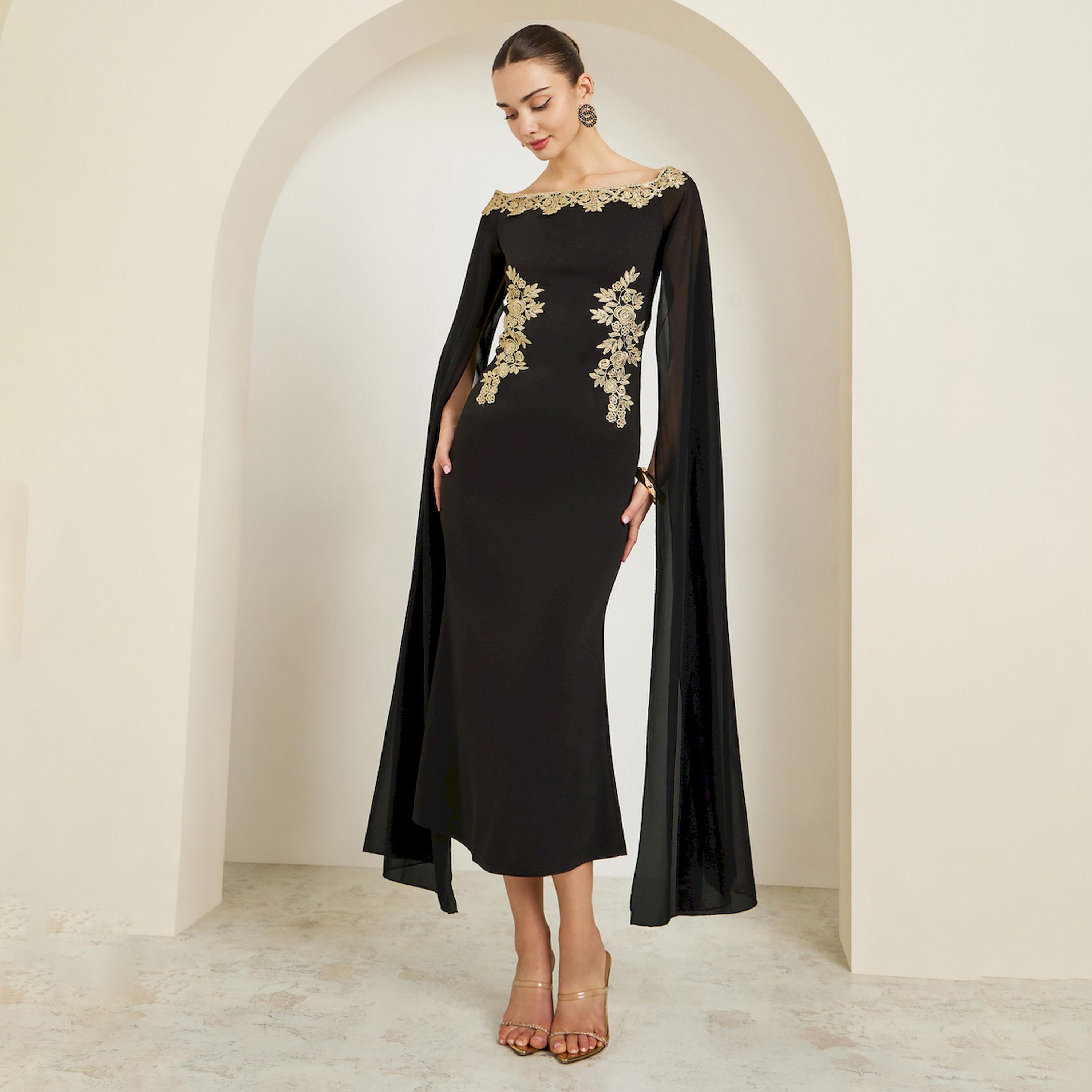 Styli Black Lace Detail Cape Sleeve Sheath Maxi Dress-women-clothing-dresses-image-1