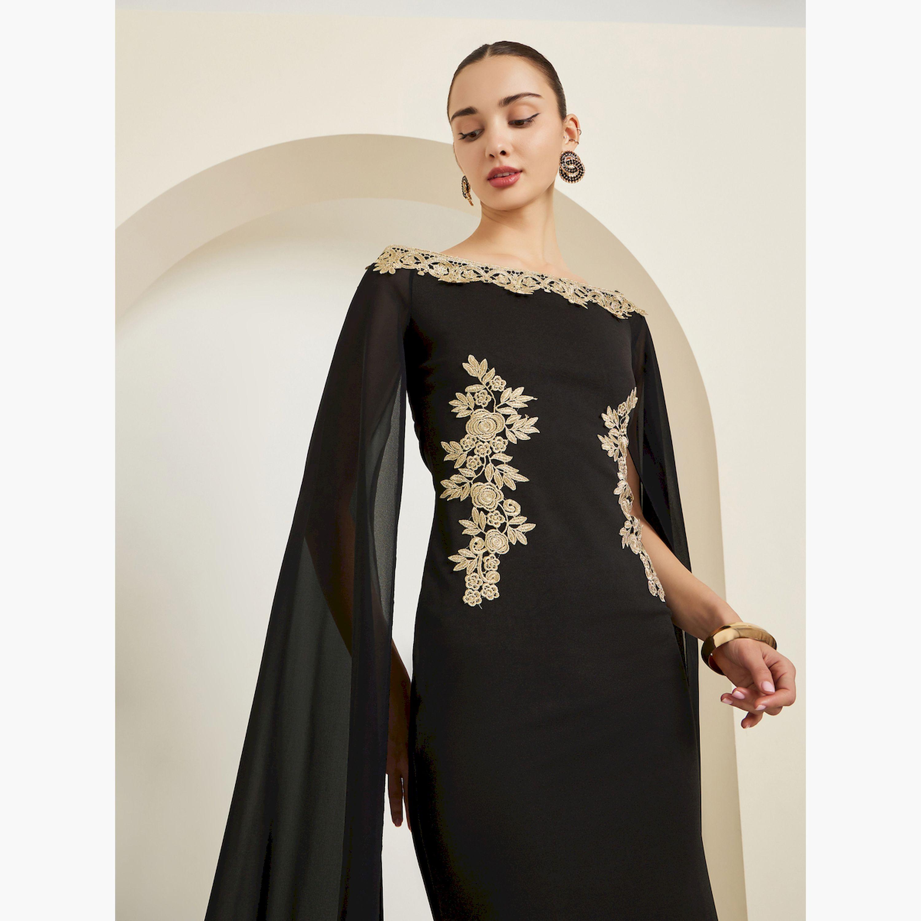 فستان طويل قصة ضيقة بأكمام كيب وتفاصيل دانتيل-women-clothing-dresses-image-2