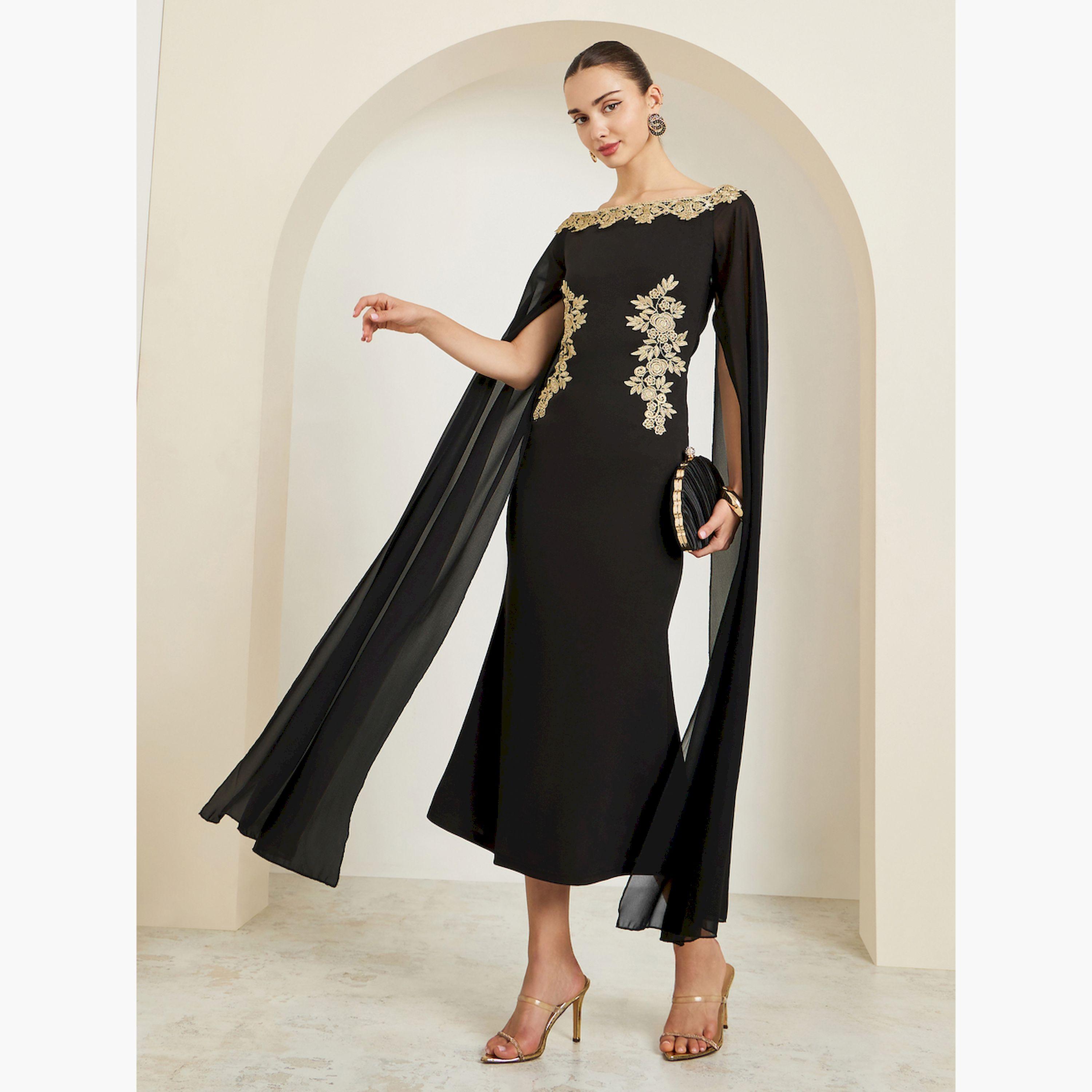 Styli Black Lace Detail Cape Sleeve Sheath Maxi Dress-women-clothing-dresses-image-4