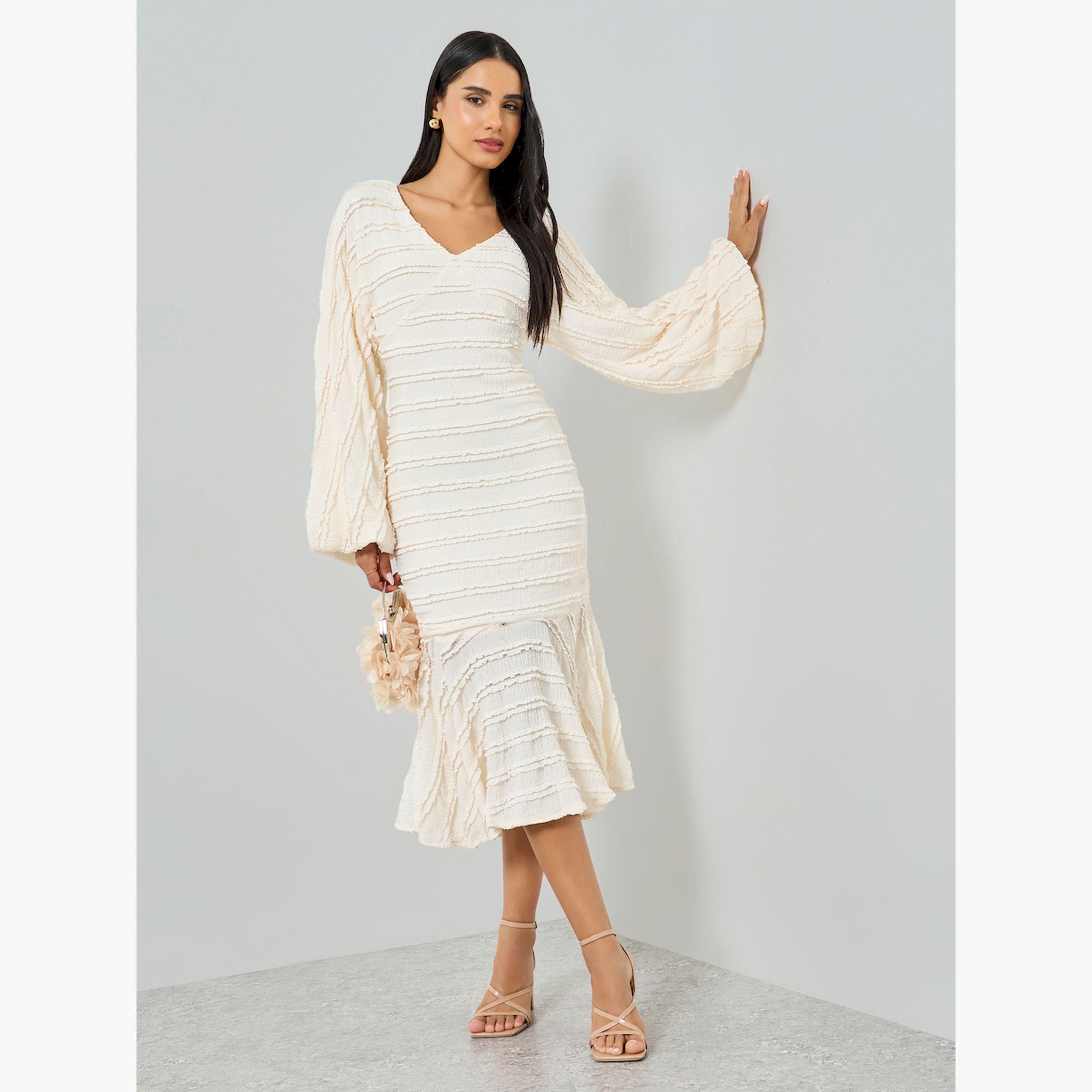فستان ميدي بحافة ميرميد وأكمام بالون-women-clothing-dresses-image-3