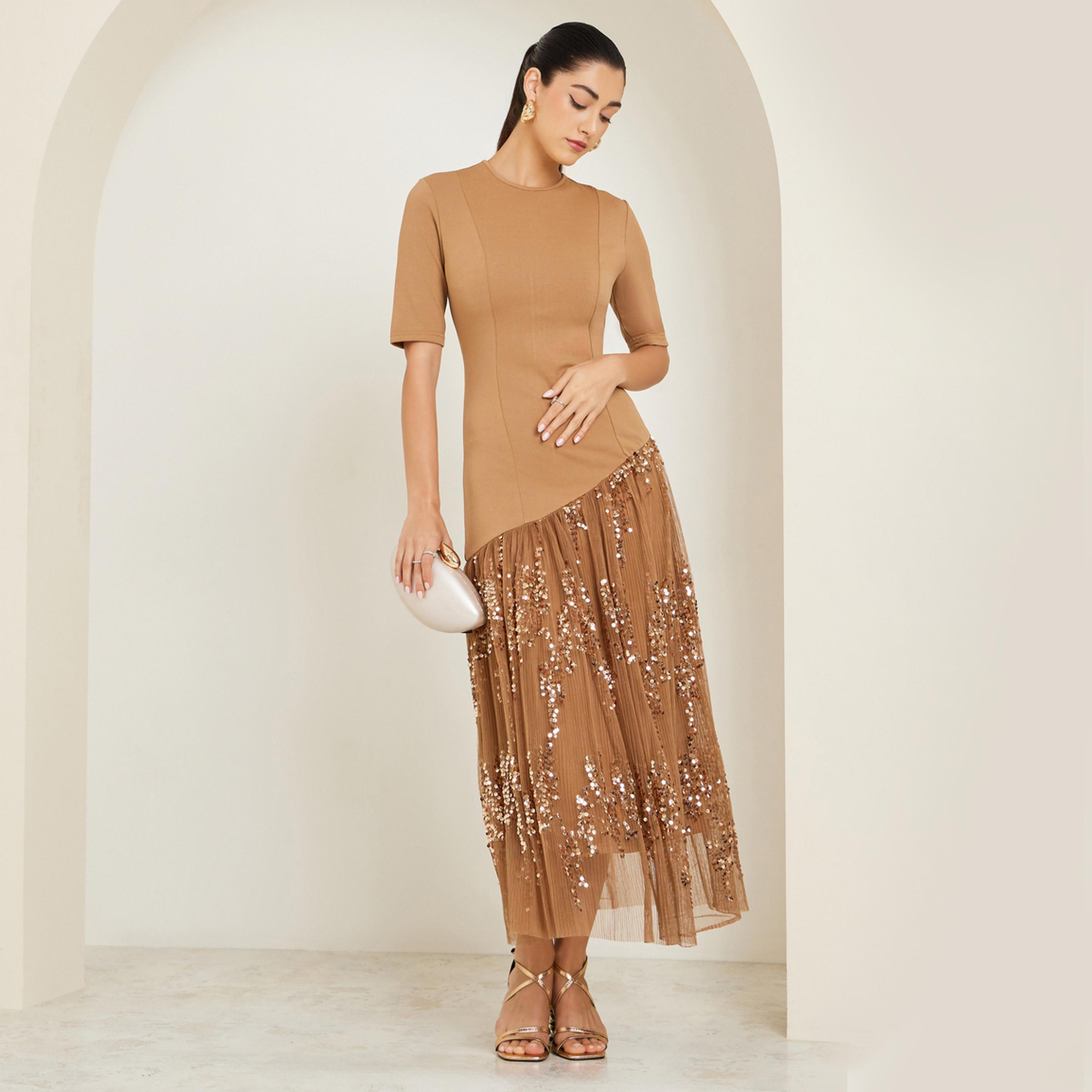 Styli Brown Sequin Short Sleeve A-Line Maxi Dress-women-clothing-dresses-image-1
