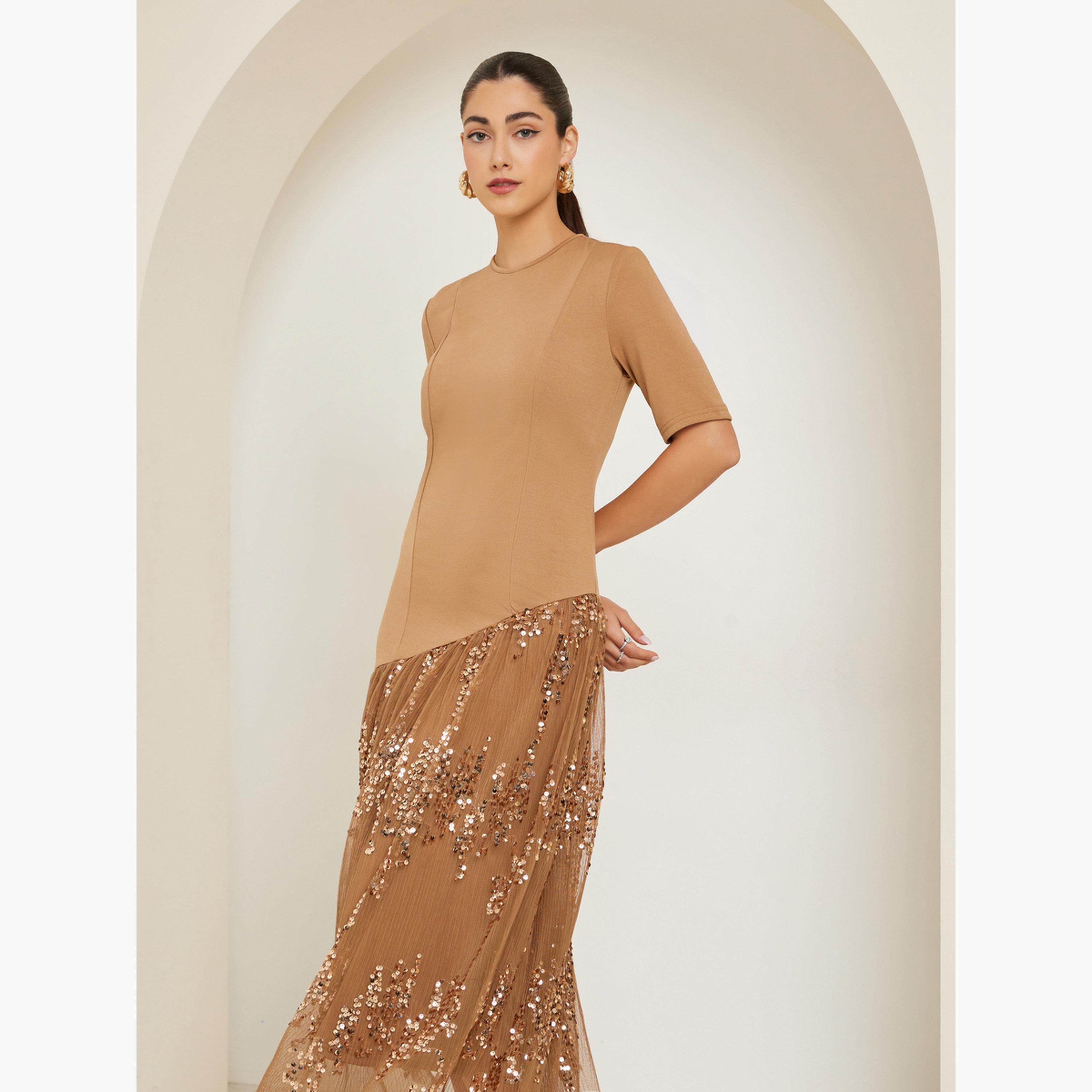 Styli Brown Sequin Short Sleeve A-Line Maxi Dress-women-clothing-dresses-image-4