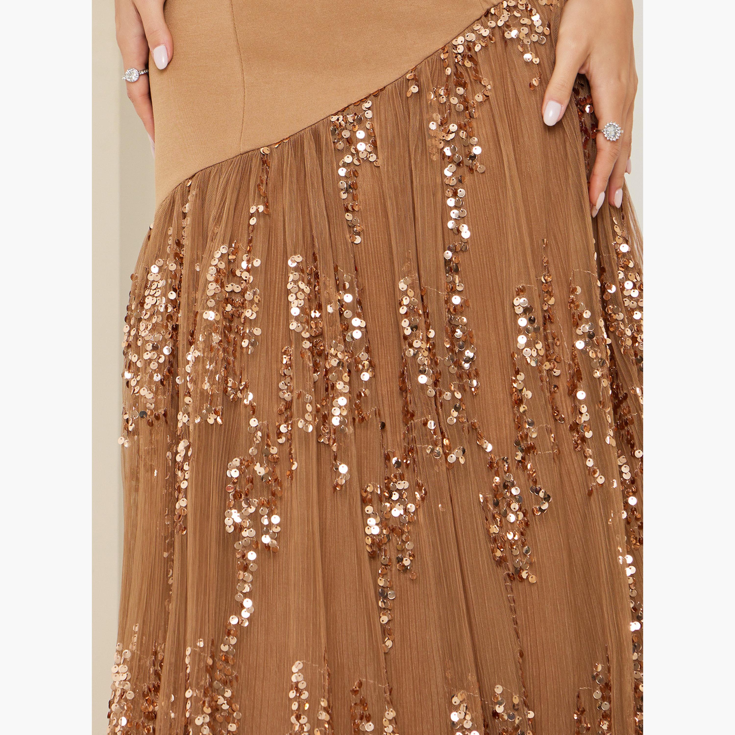 ستايلي - فستان ماكسي بأكمام قصيرة وقصة واسعة من الأسفل مزين بالترتر لون بني-women-clothing-dresses-image-5