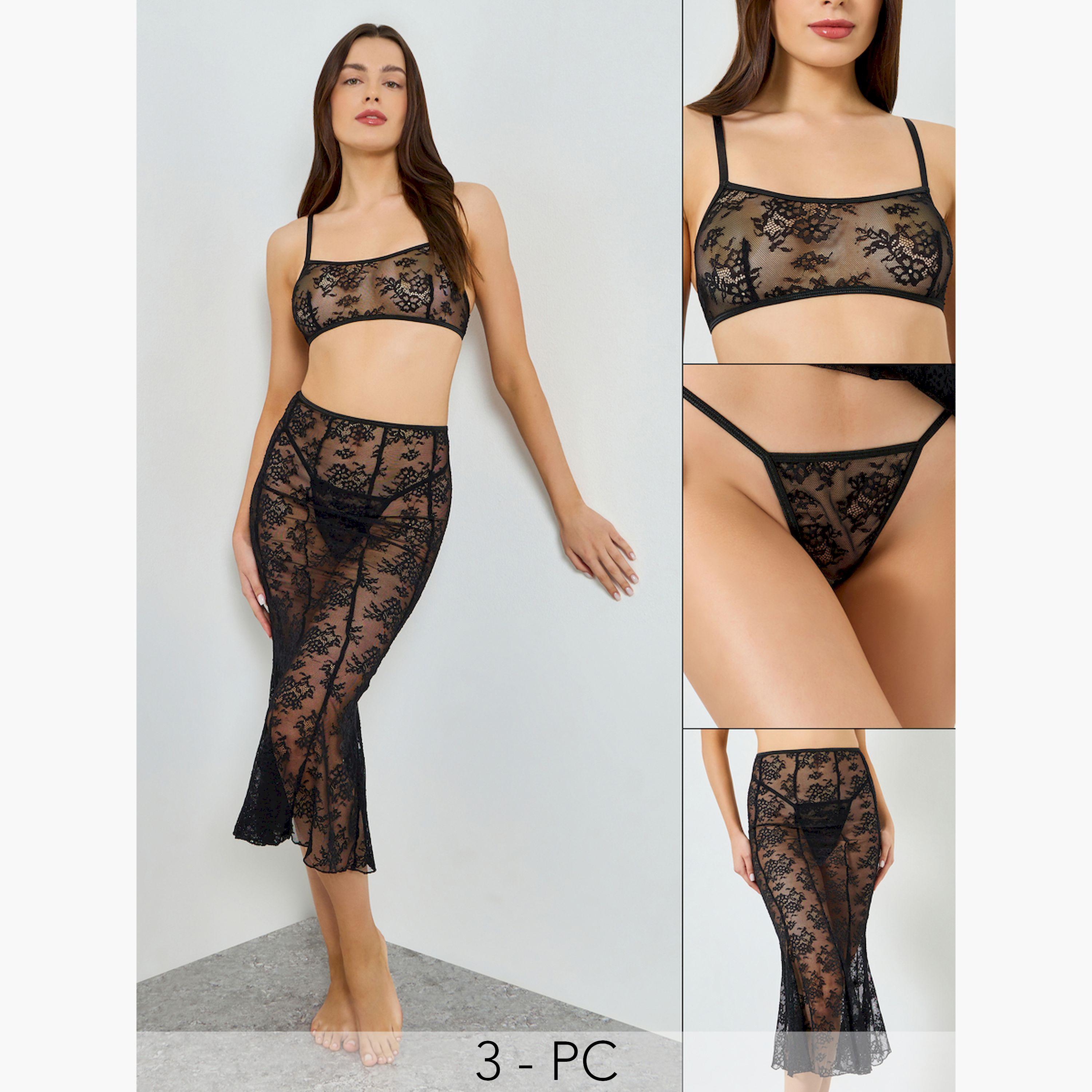 طقم من 3 قطع - مجموعة من سراويل داخلية وتنورة وصدرية دانتيل بدون حشوة-women-clothing-lingerie-lingeriesets-image-1