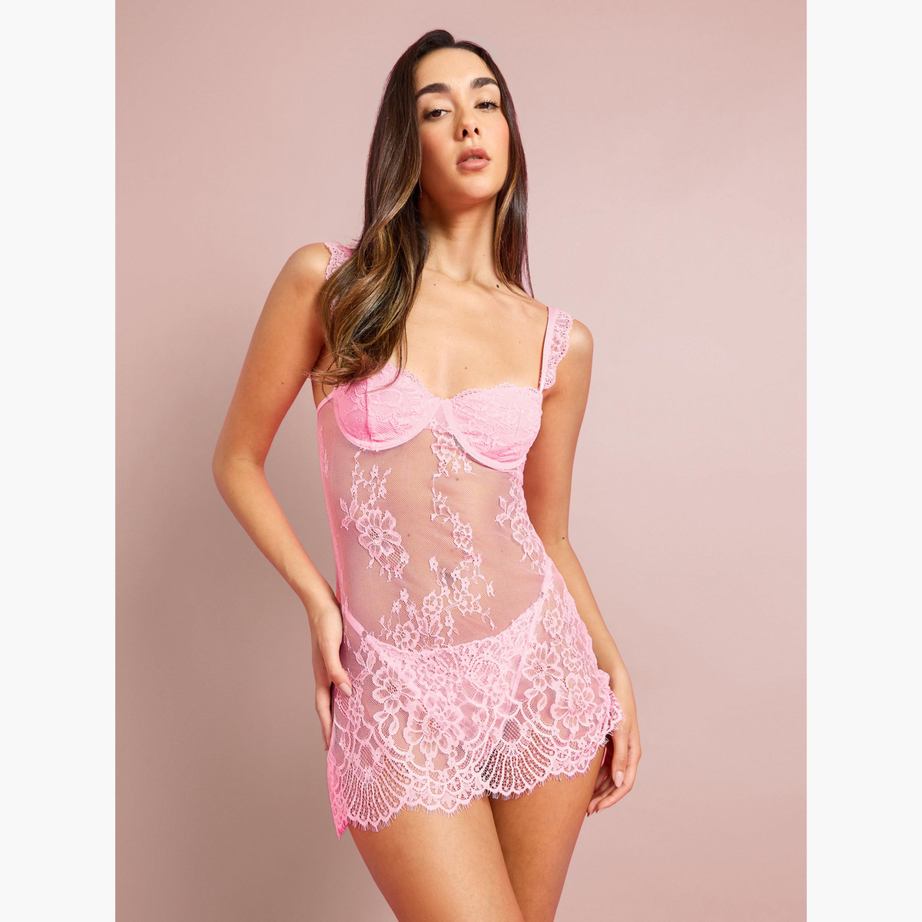 Styli Floral Lace Mesh Underwired Padded Babydoll with Briefs-women-clothing-lingerie-babydollsandbodysuits-image-1