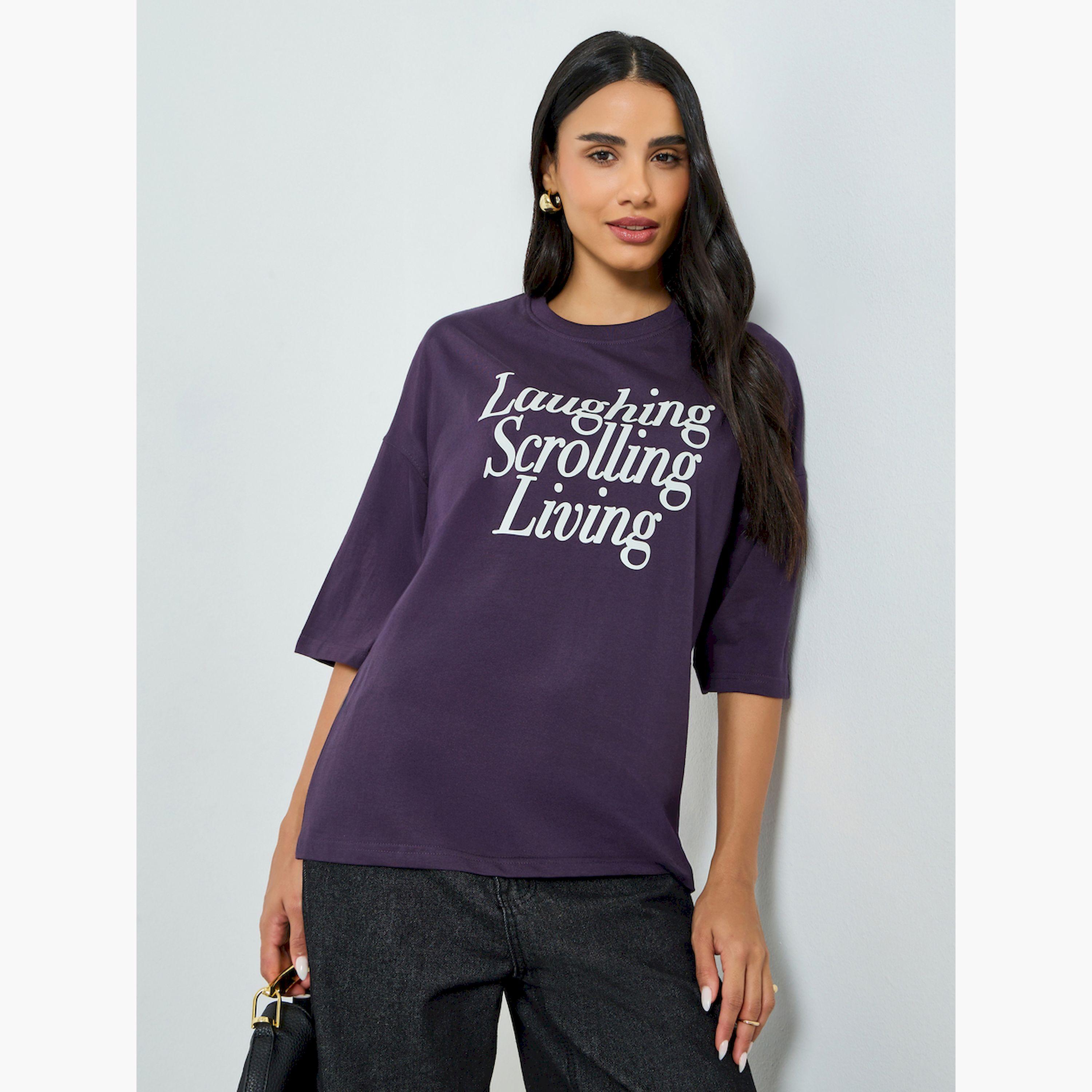 Styli Purple Slogan Print Oversized T-Shirt-women-clothing-tshirts-image-1