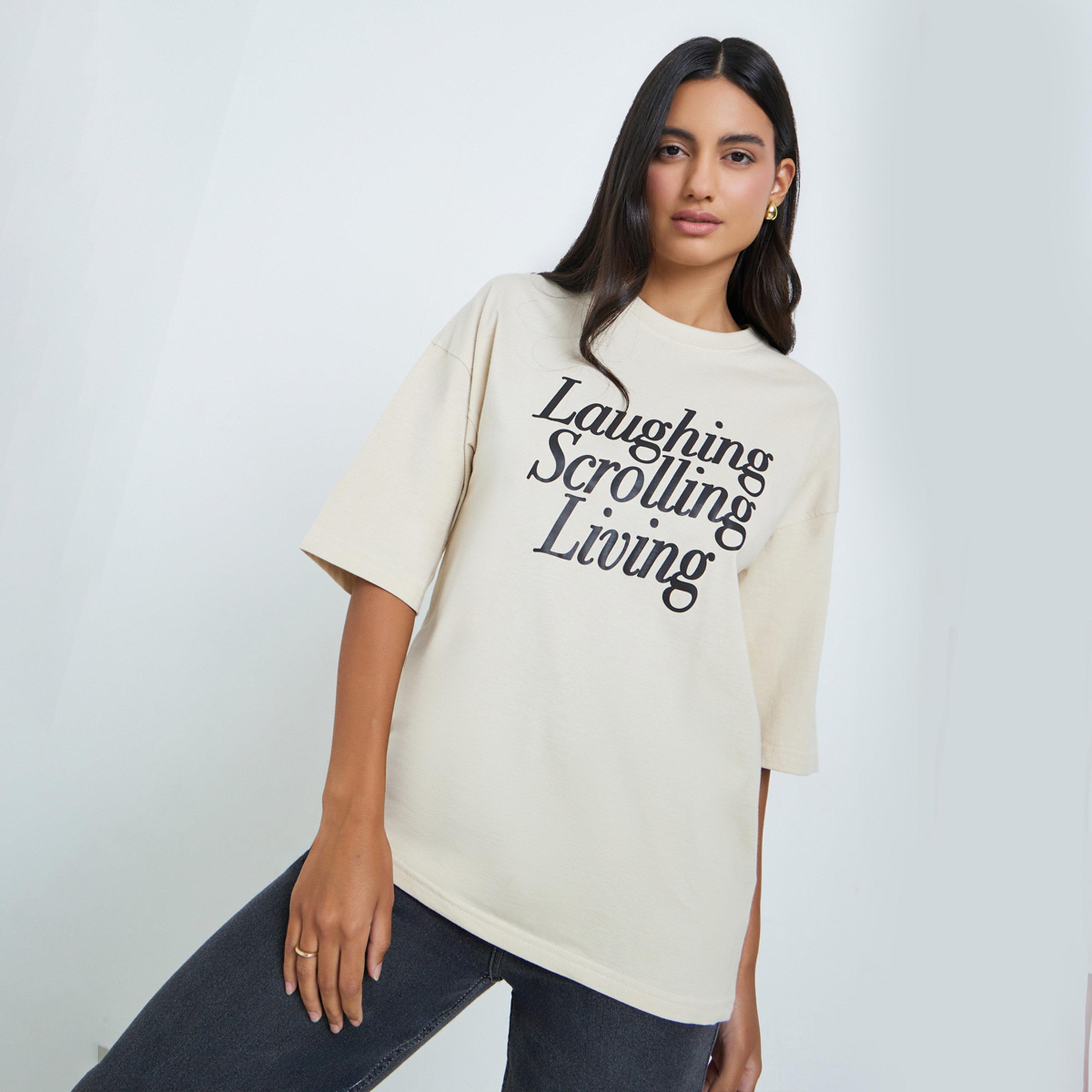 Styli Beige Slogan Print Oversized Cotton T-Shirt-women-clothing-tshirts-image-1