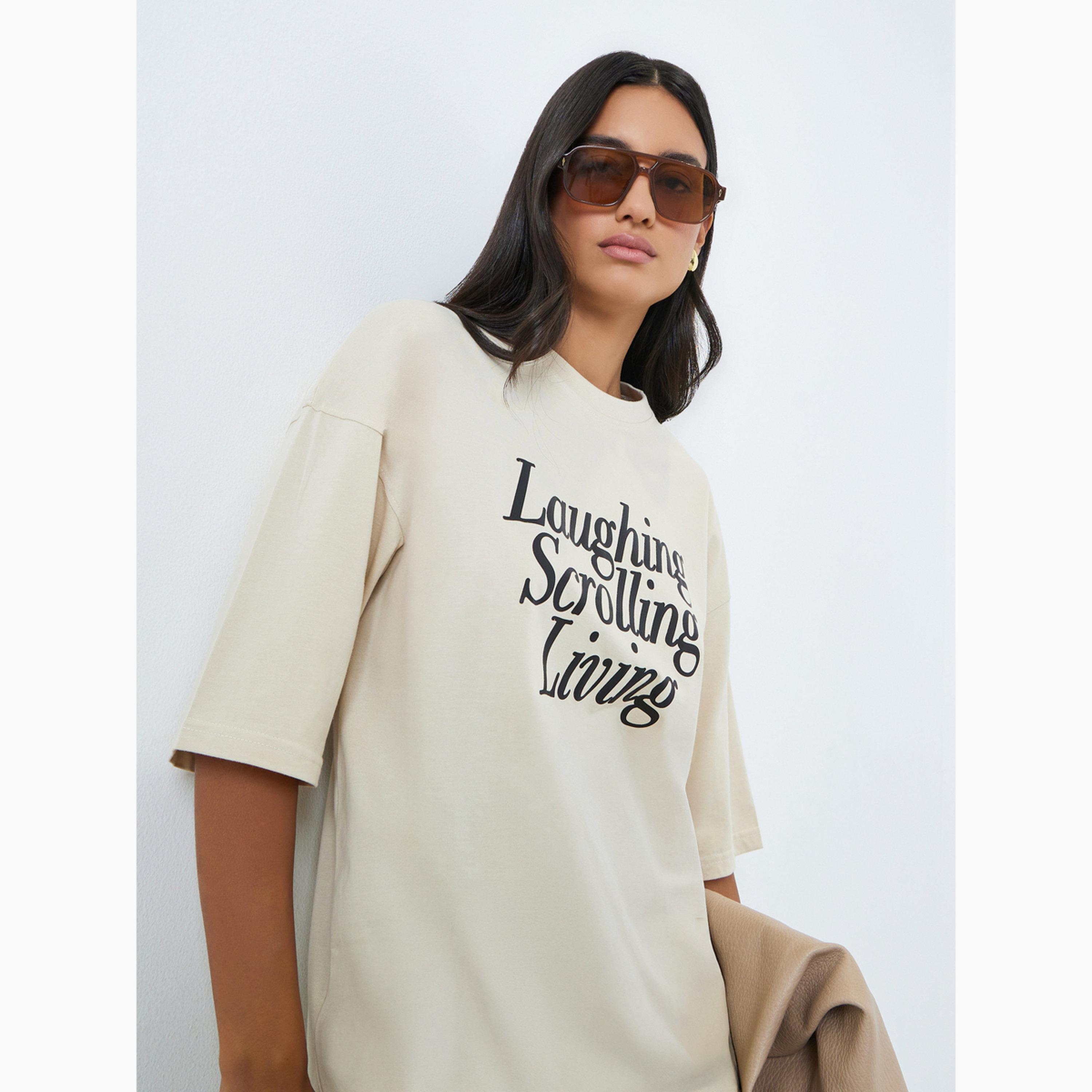 Styli Beige Slogan Print Oversized Cotton T-Shirt-women-clothing-tshirts-image-3