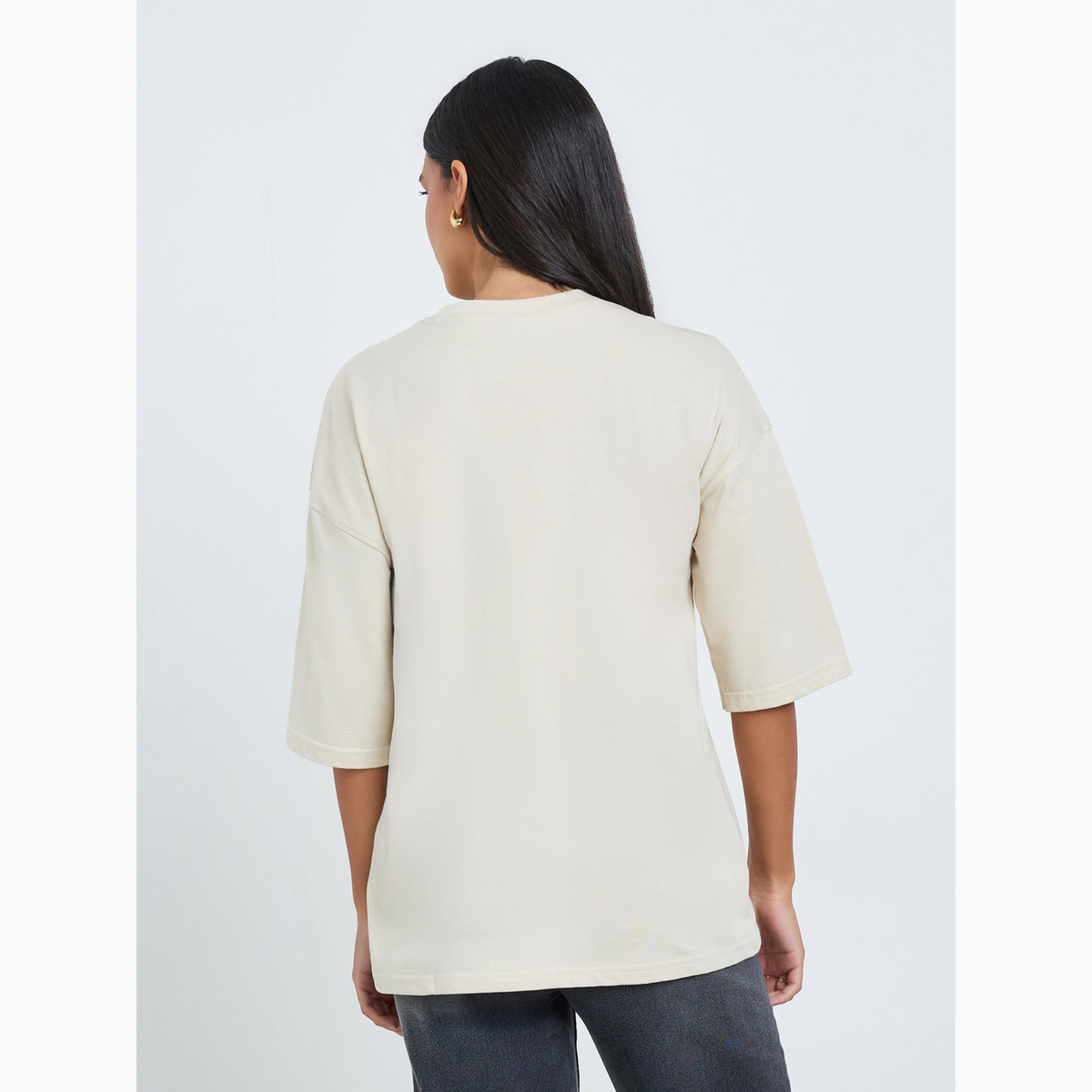 Styli Beige Slogan Print Oversized Cotton T-Shirt-women-clothing-tshirts-image-5