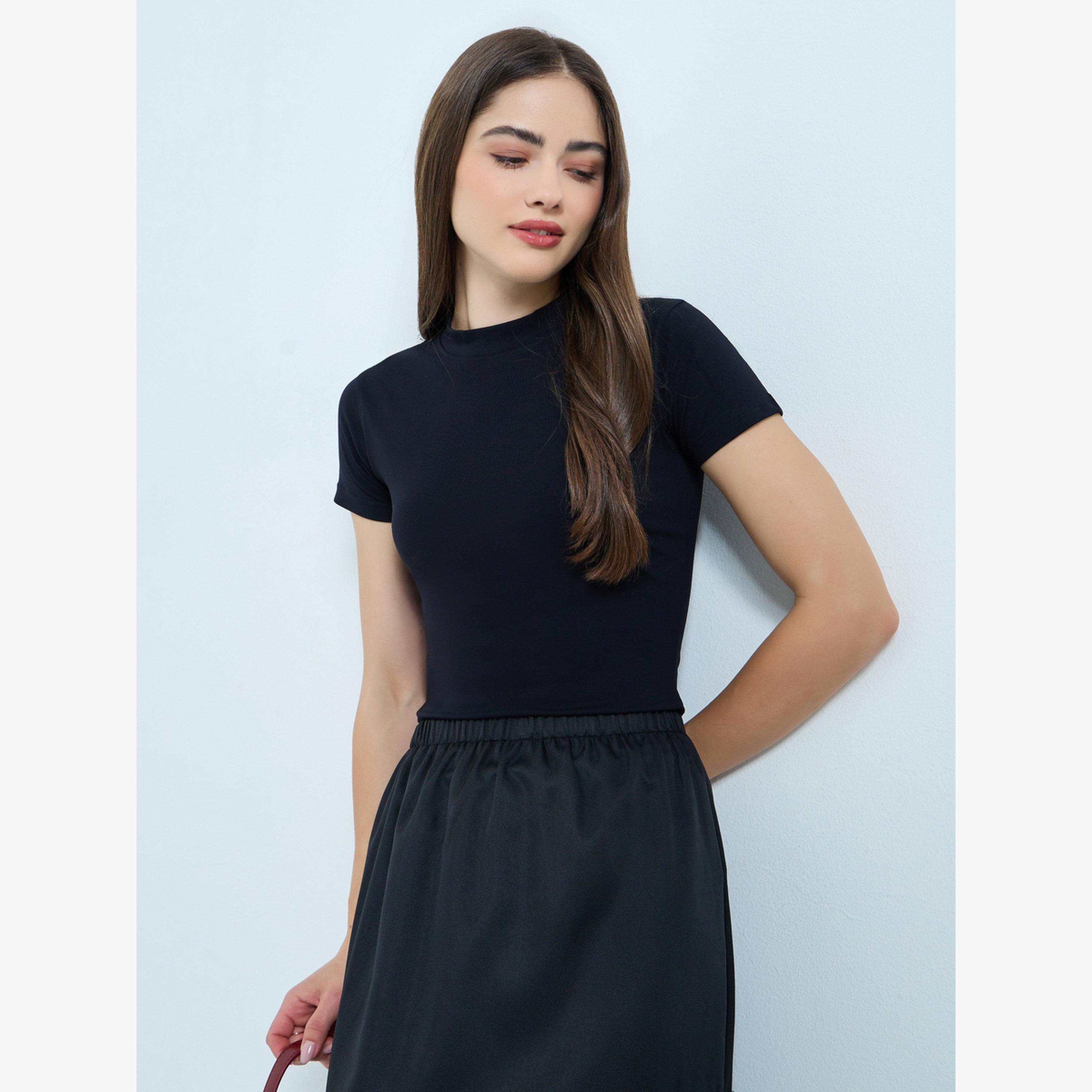 Styli Black Cotton Stretch Fitted T-Shirt-women-clothing-tshirts-image-3
