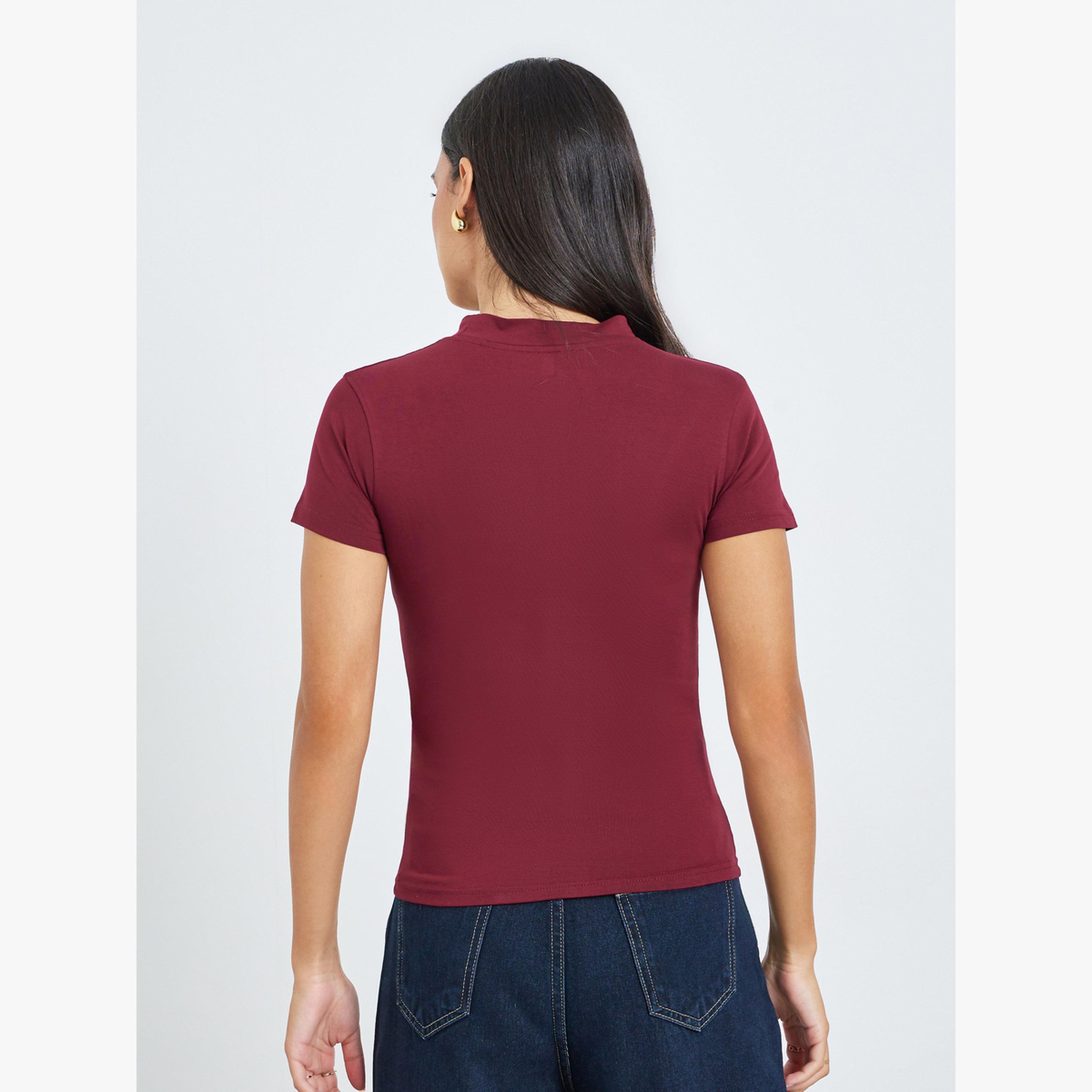 Styli Burgundy Cotton Stretch Fitted T-Shirt-women-clothing-tshirts-image-4