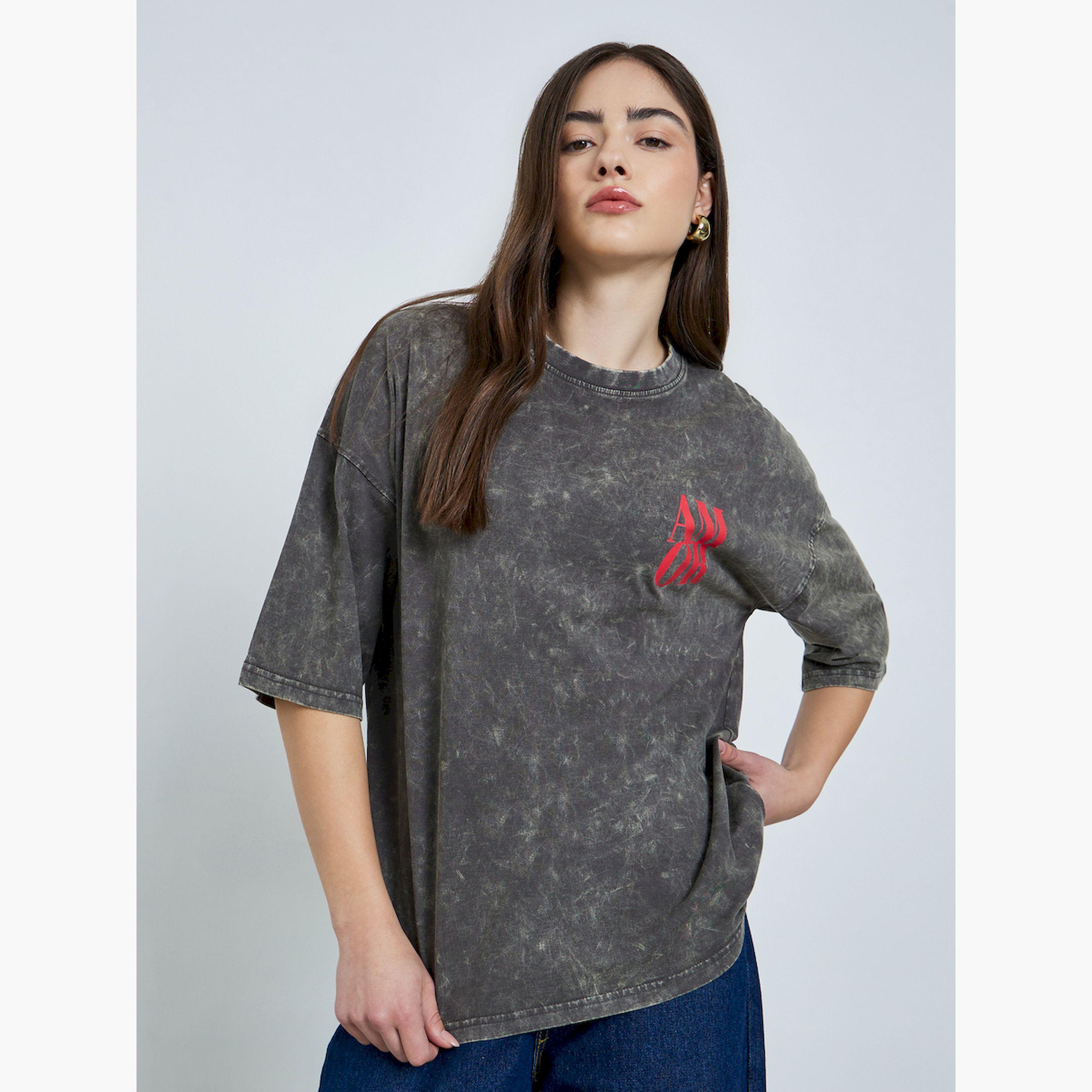 Styli Black Oversized Acid Wash T-Shirt-women-clothing-tshirts-image-1