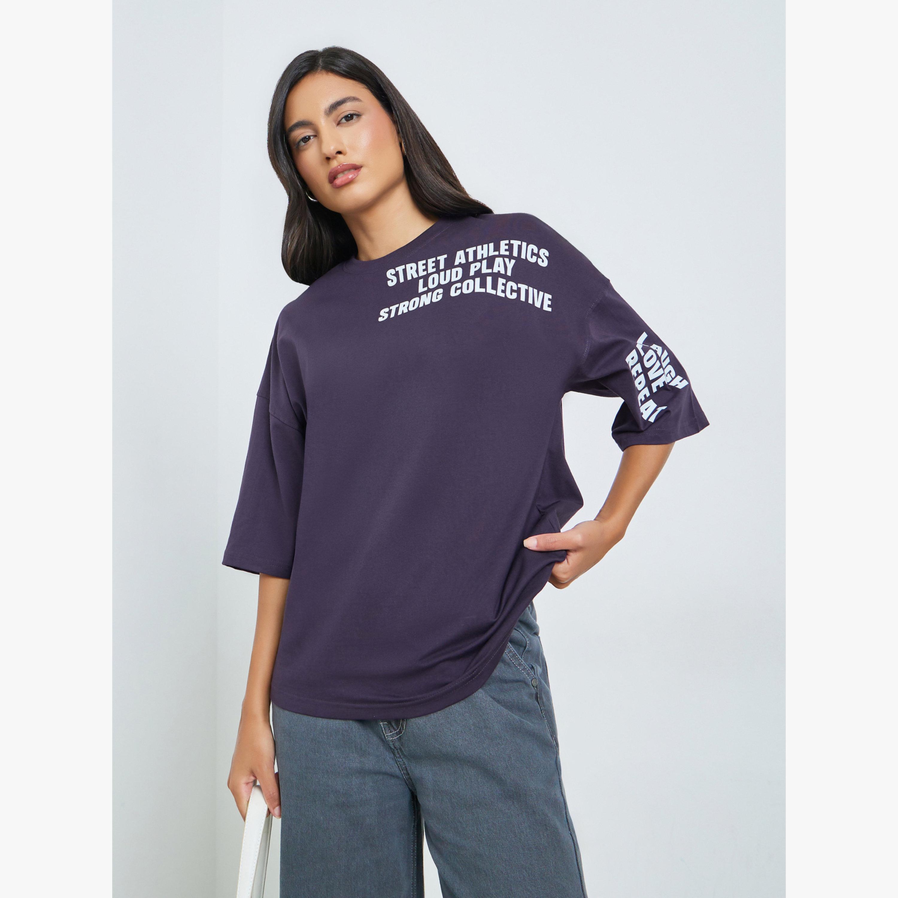 Styli Purple Slogan Print Oversized T-Shirt-women-clothing-tshirts-image-1