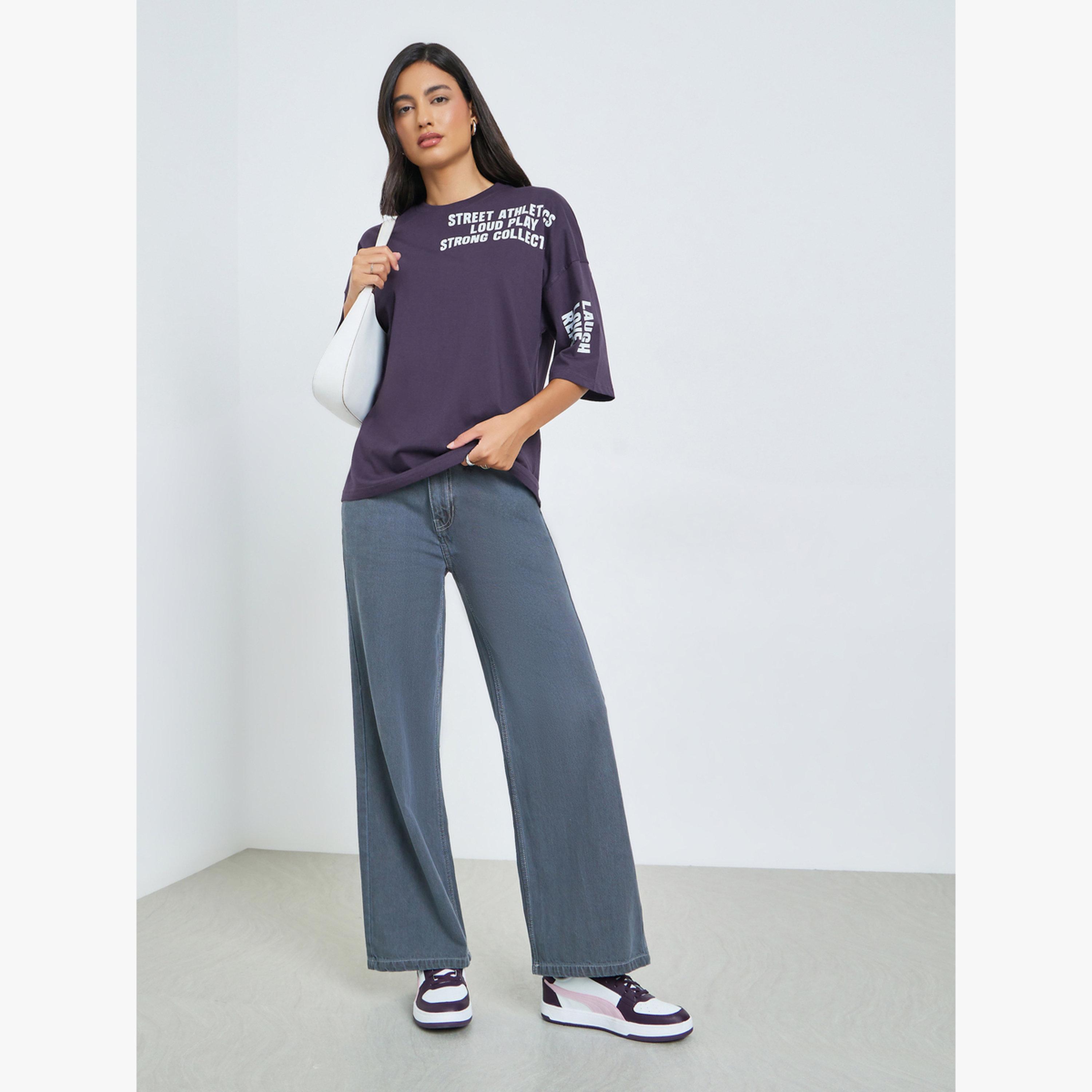 Styli Purple Slogan Print Oversized T-Shirt-women-clothing-tshirts-image-2