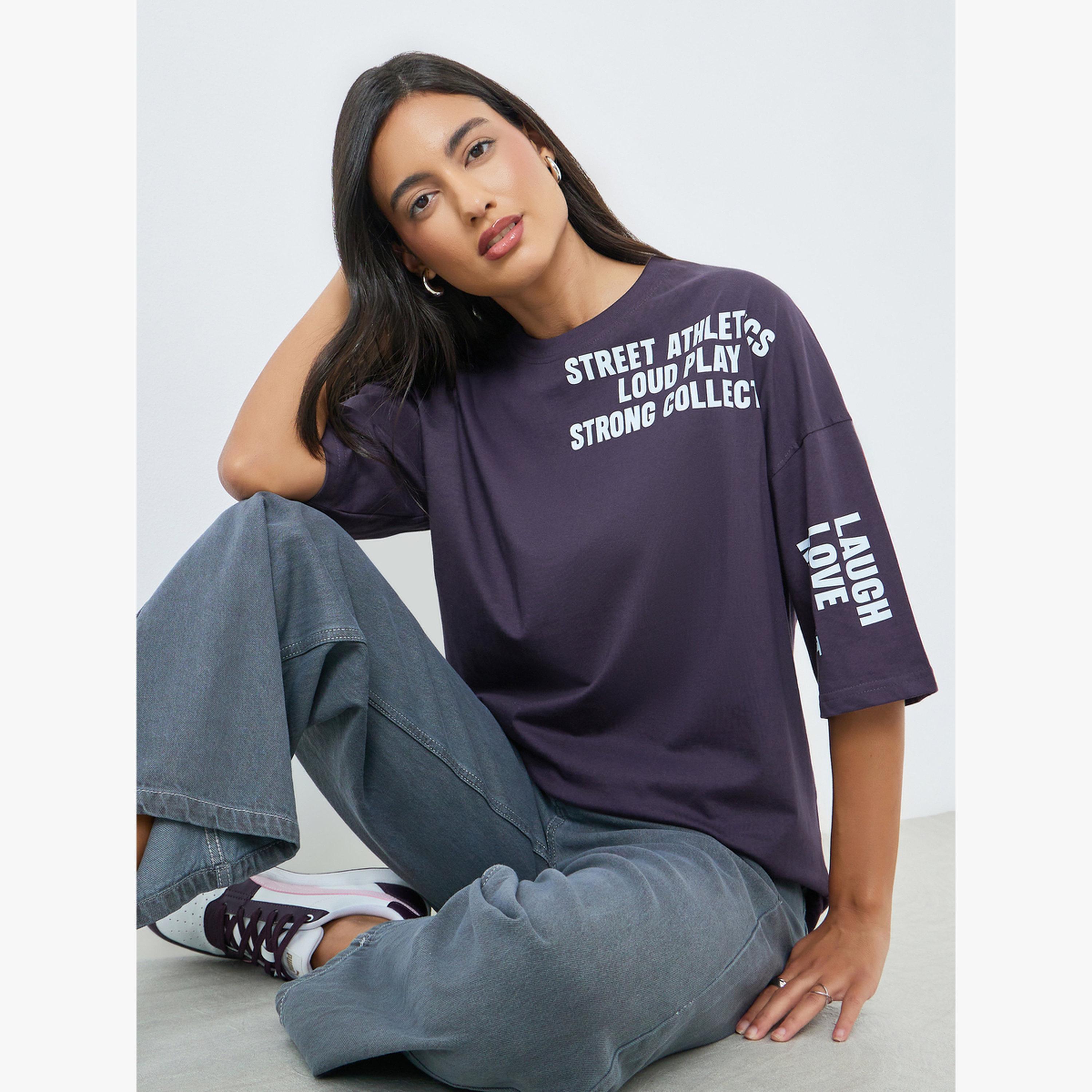 Styli Purple Slogan Print Oversized T-Shirt-women-clothing-tshirts-image-3