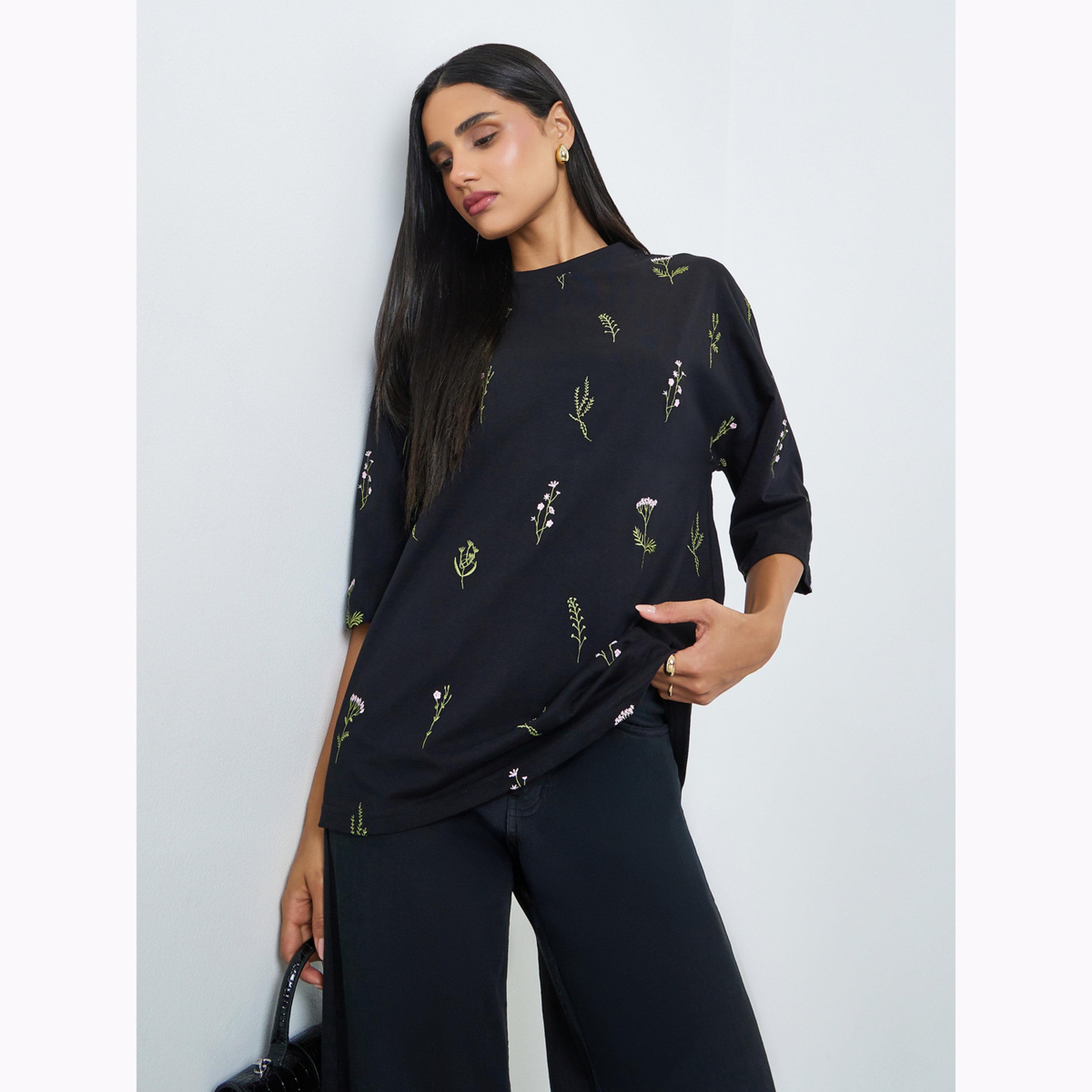 Styli Black Embroidered 100% Cotton Oversized T-Shirt-women-clothing-tshirts-image-1