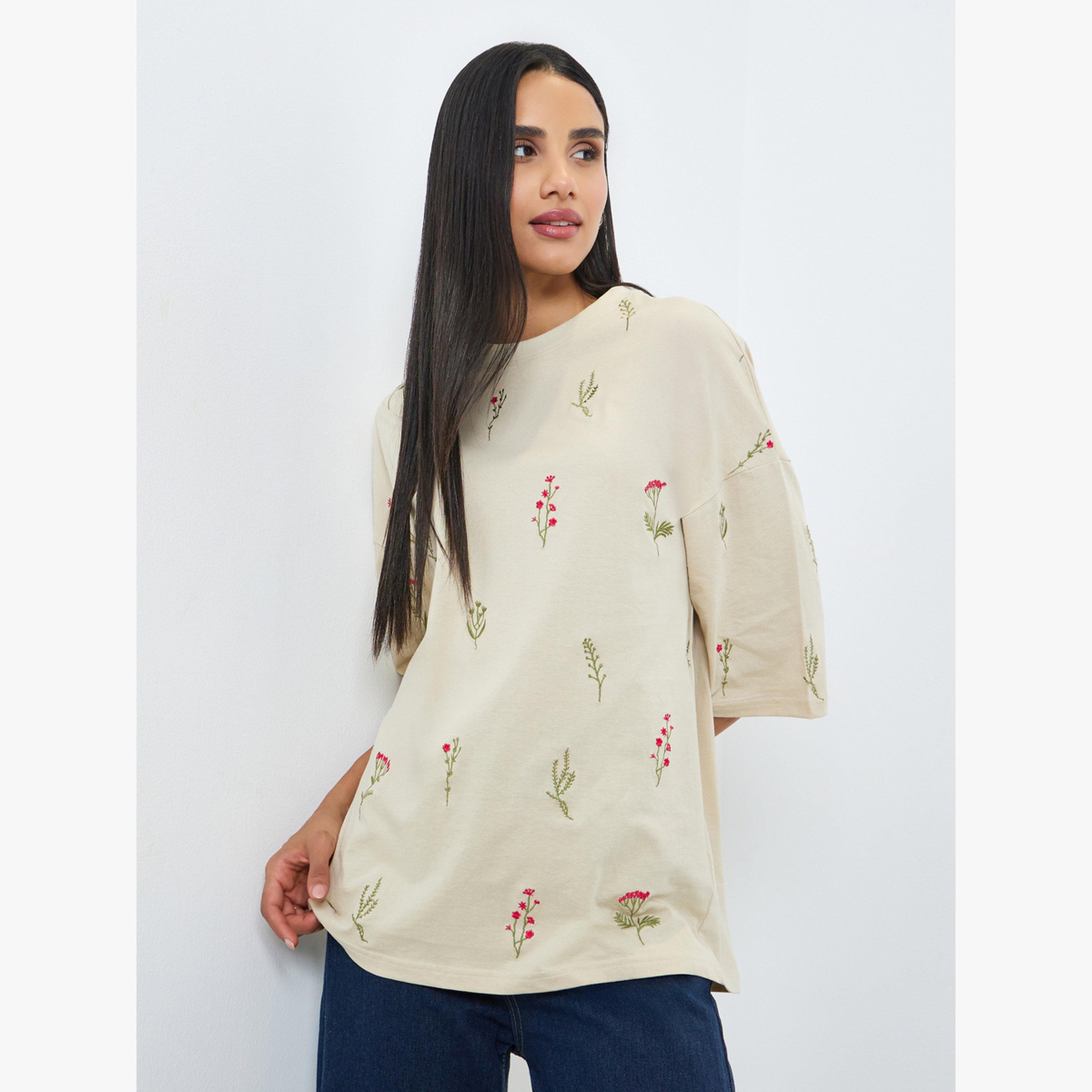 Styli Beige Embroidered 100% Cotton Oversized T-Shirt-women-clothing-tshirts-image-1