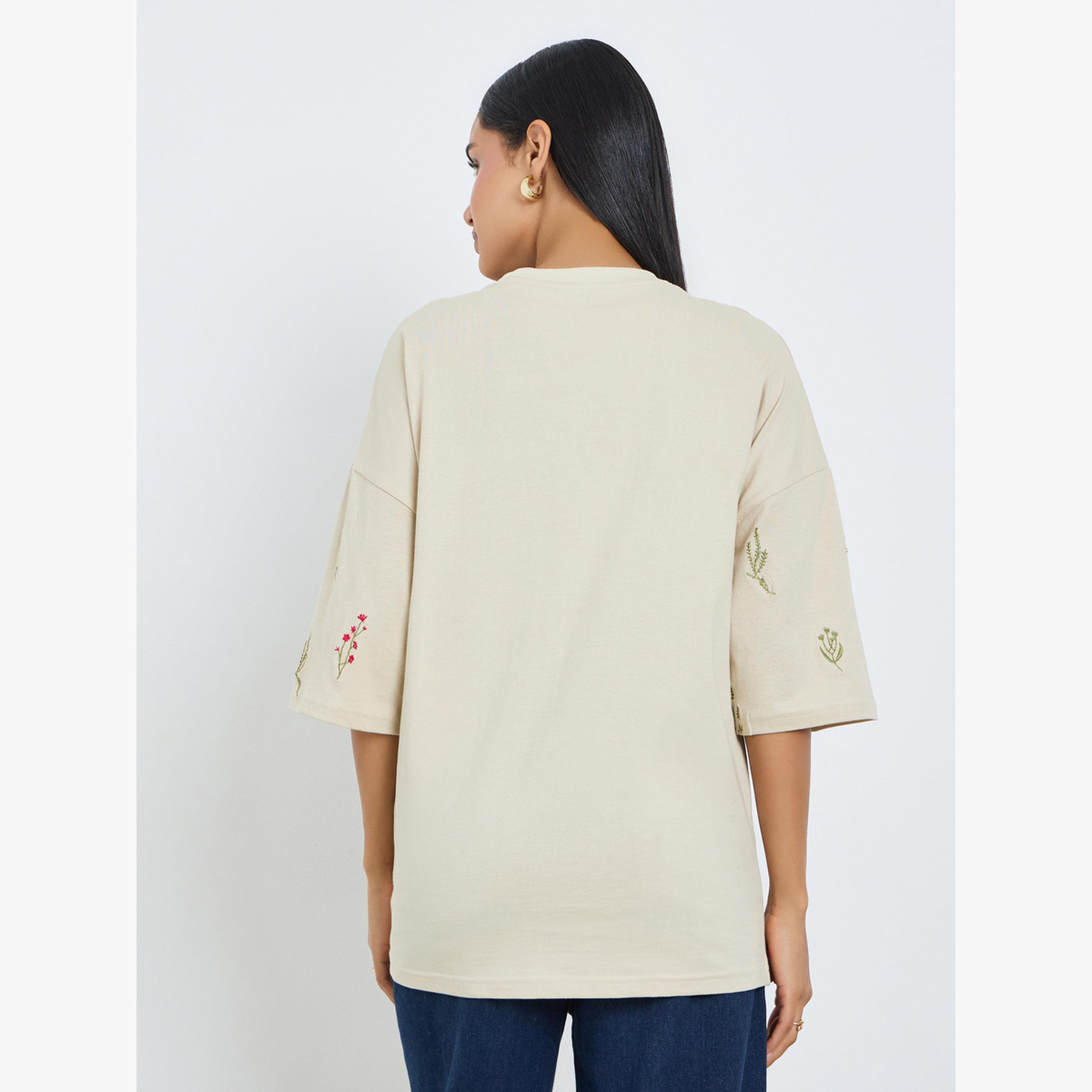 Styli Beige Embroidered 100% Cotton Oversized T-Shirt-women-clothing-tshirts-image-3