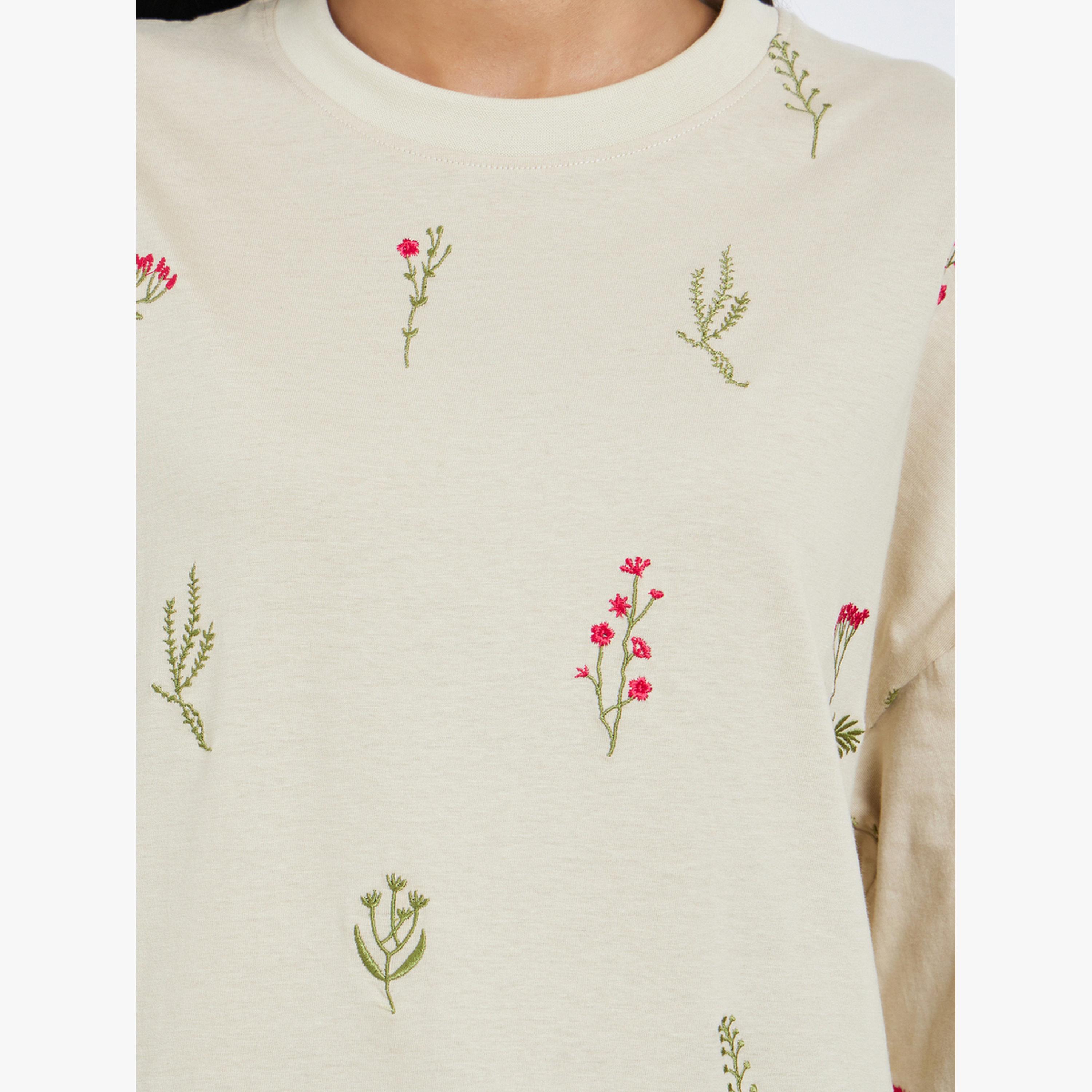 Styli Beige Embroidered 100% Cotton Oversized T-Shirt-women-clothing-tshirts-image-4