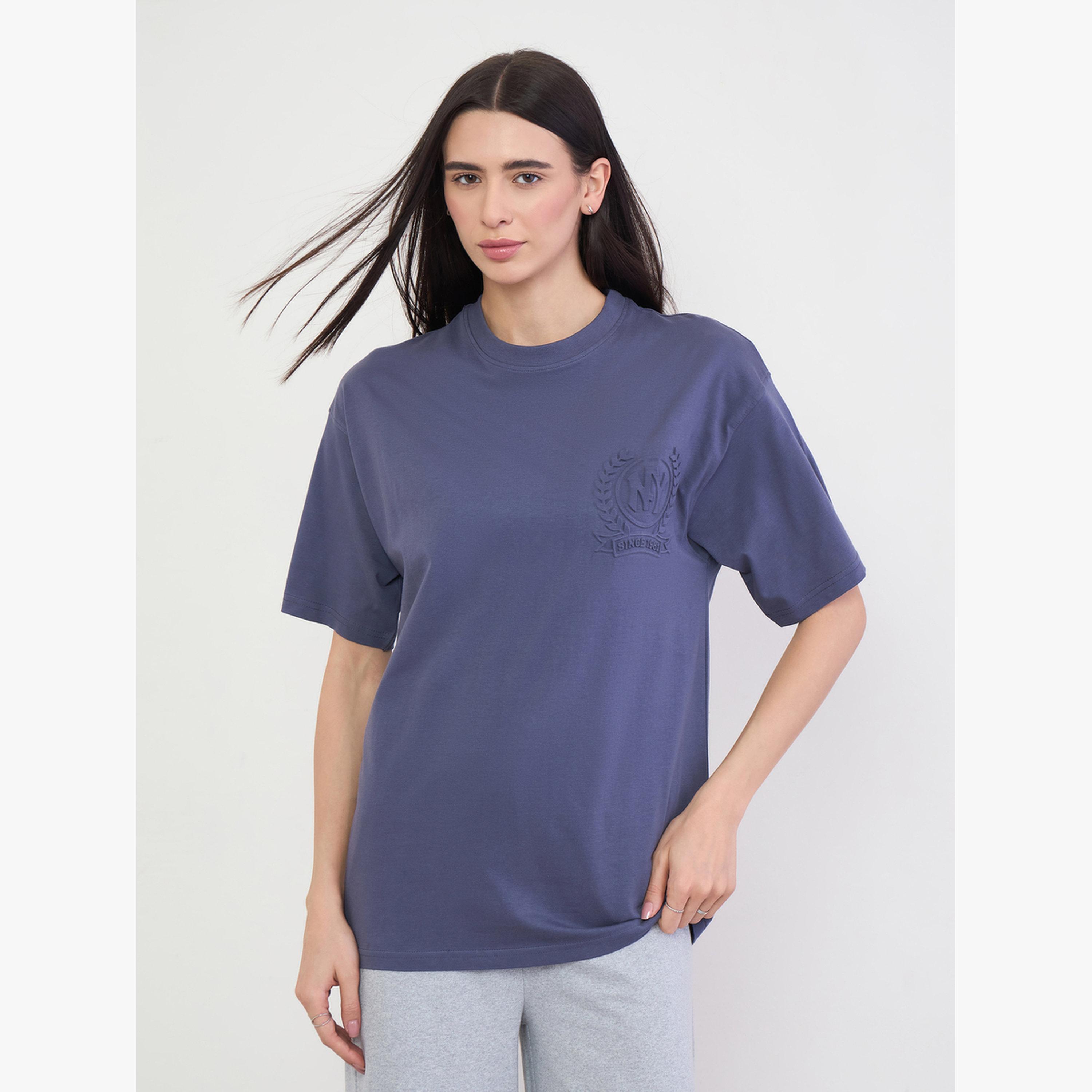 Styli Blue Knitted Embroidered Slogan T-Shirt-women-clothing-tshirts-image-1