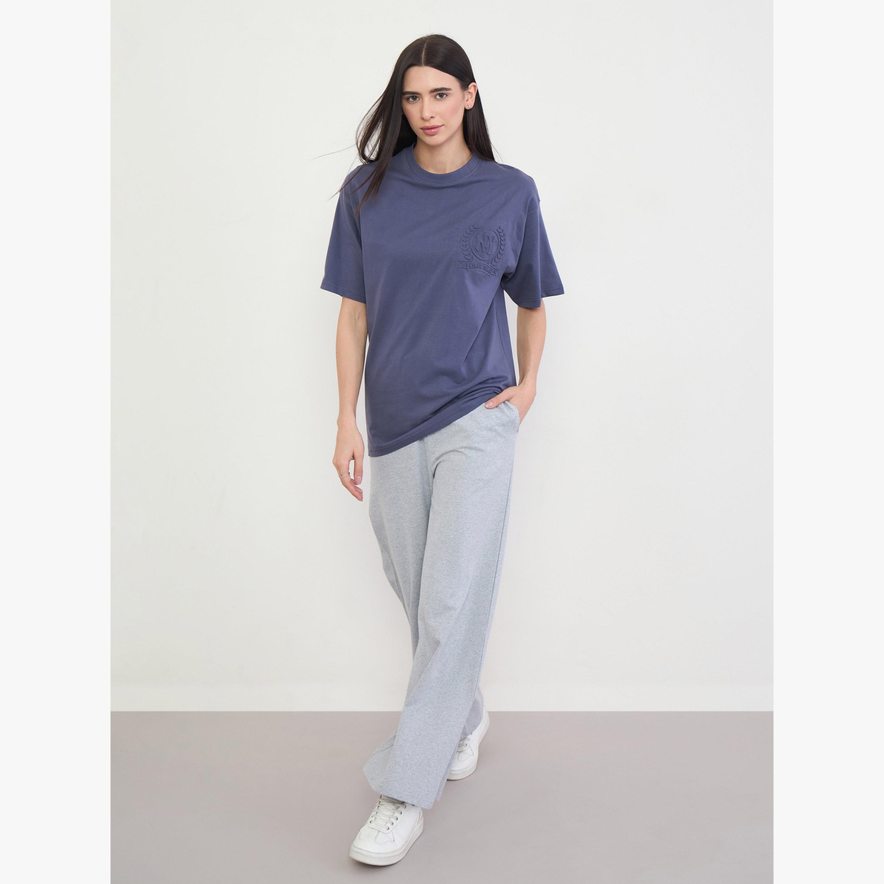 Styli Blue Knitted Embroidered Slogan T-Shirt-women-clothing-tshirts-image-2