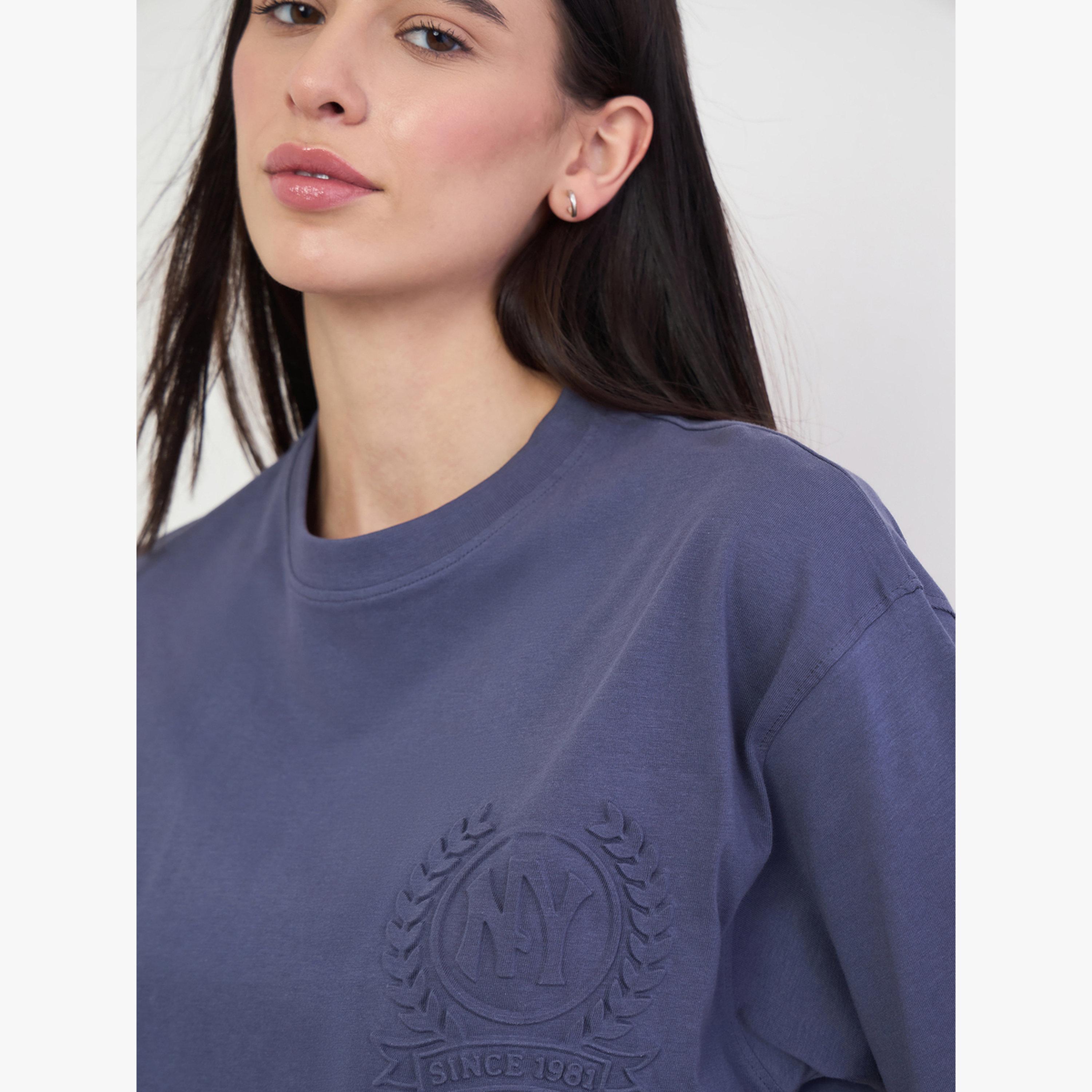 Styli Blue Knitted Embroidered Slogan T-Shirt-women-clothing-tshirts-image-5