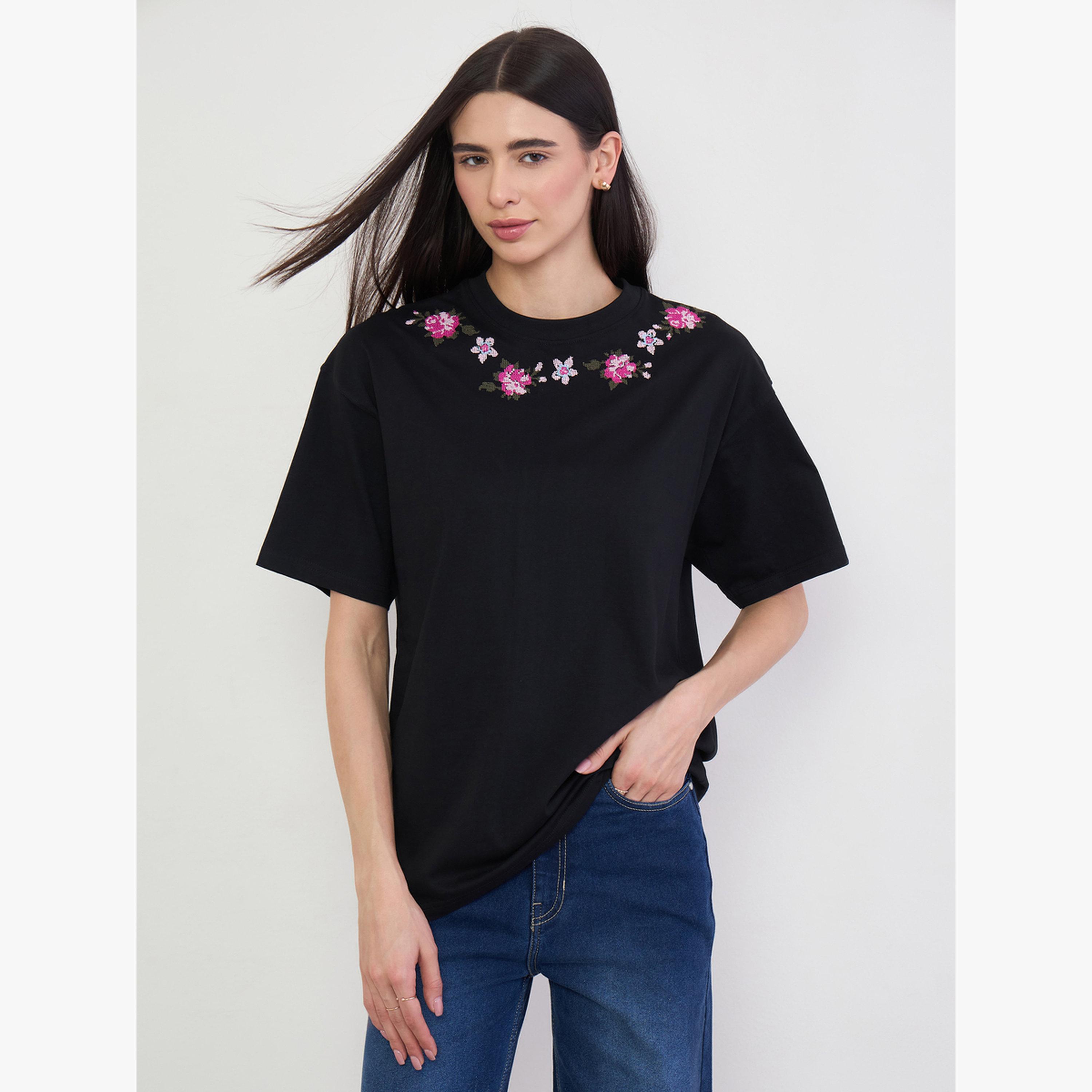 Styli Black Embroidered Floral Oversized T-Shirt-women-clothing-tshirts-image-1