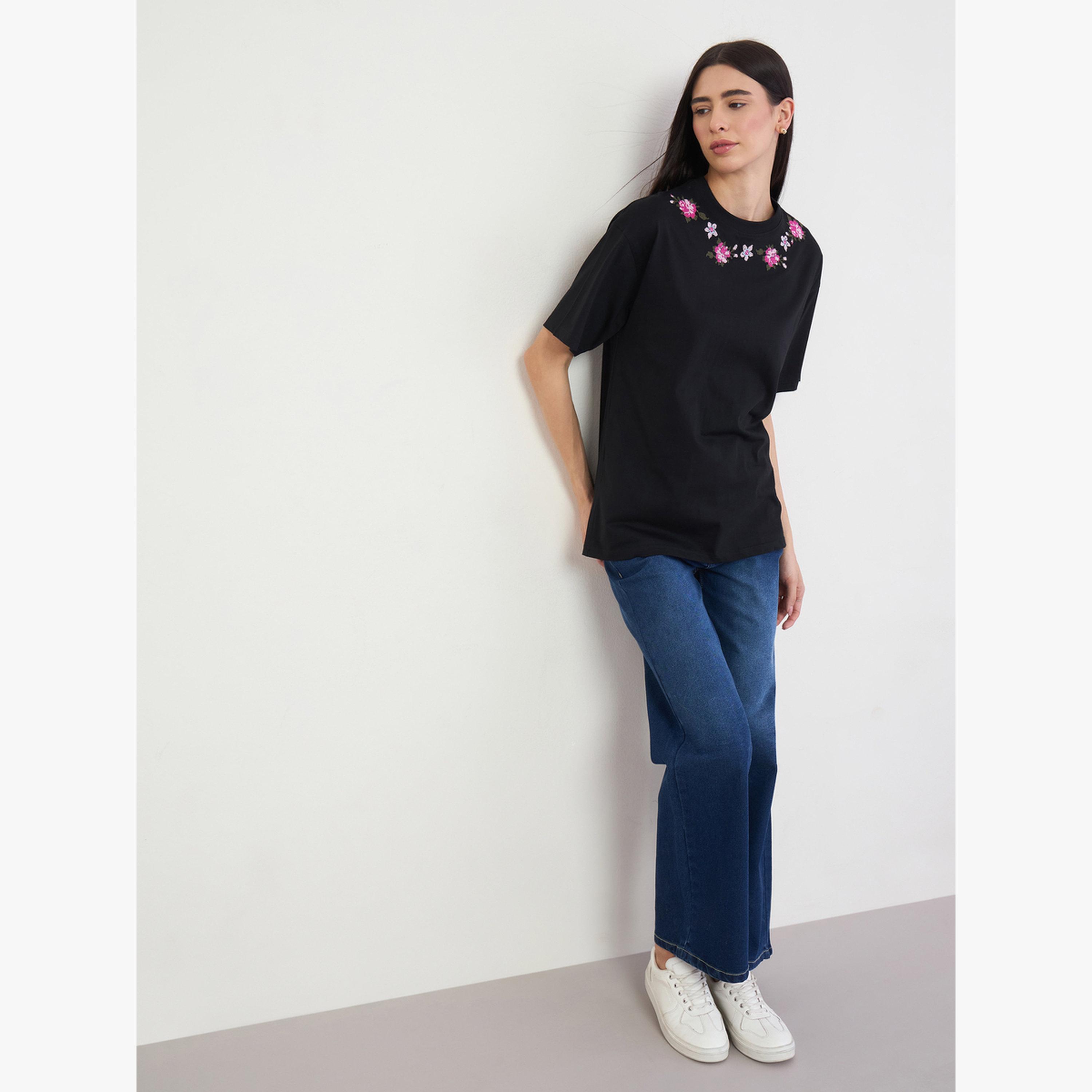 Styli Black Embroidered Floral Oversized T-Shirt-women-clothing-tshirts-image-2