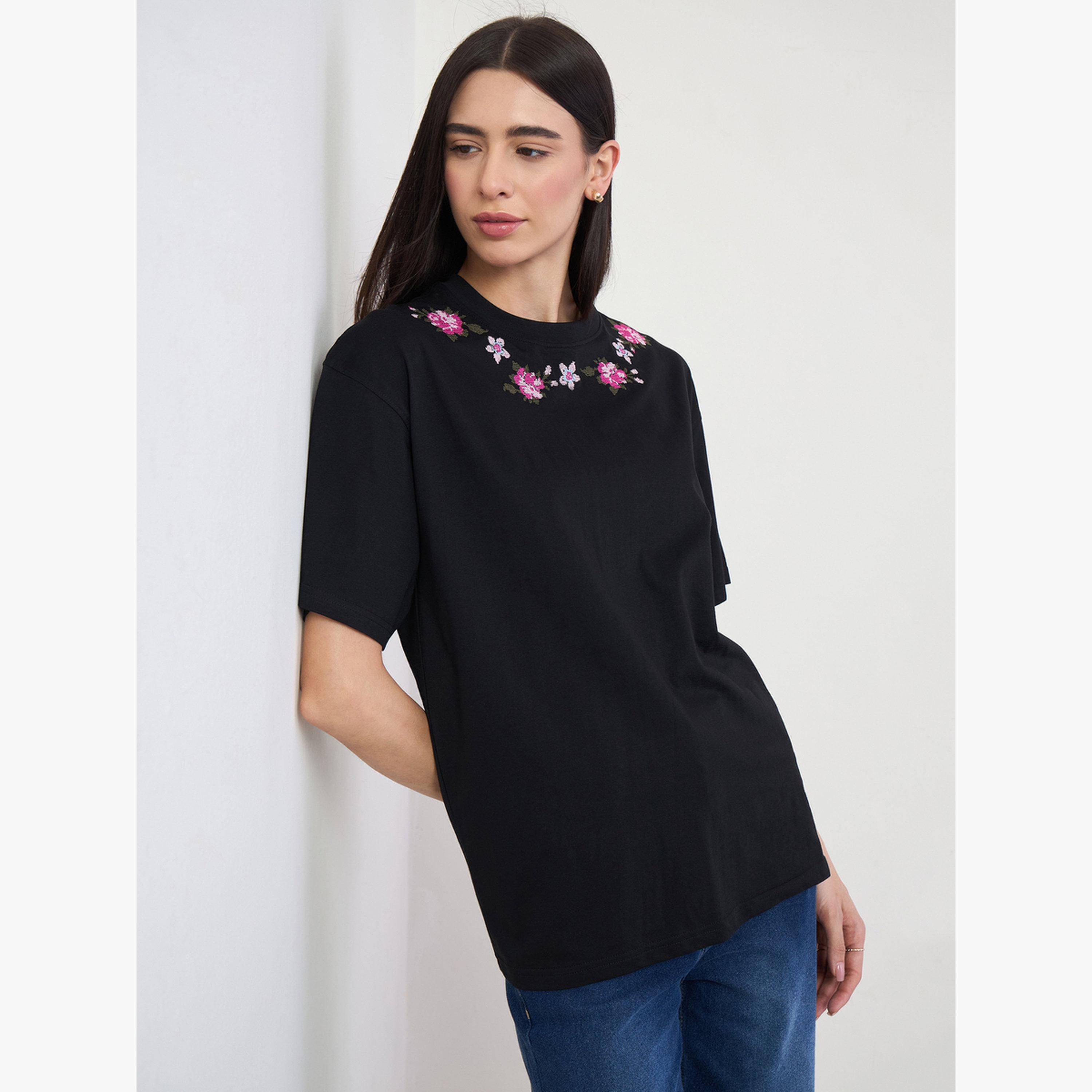 Styli Black Embroidered Floral Oversized T-Shirt-women-clothing-tshirts-image-3