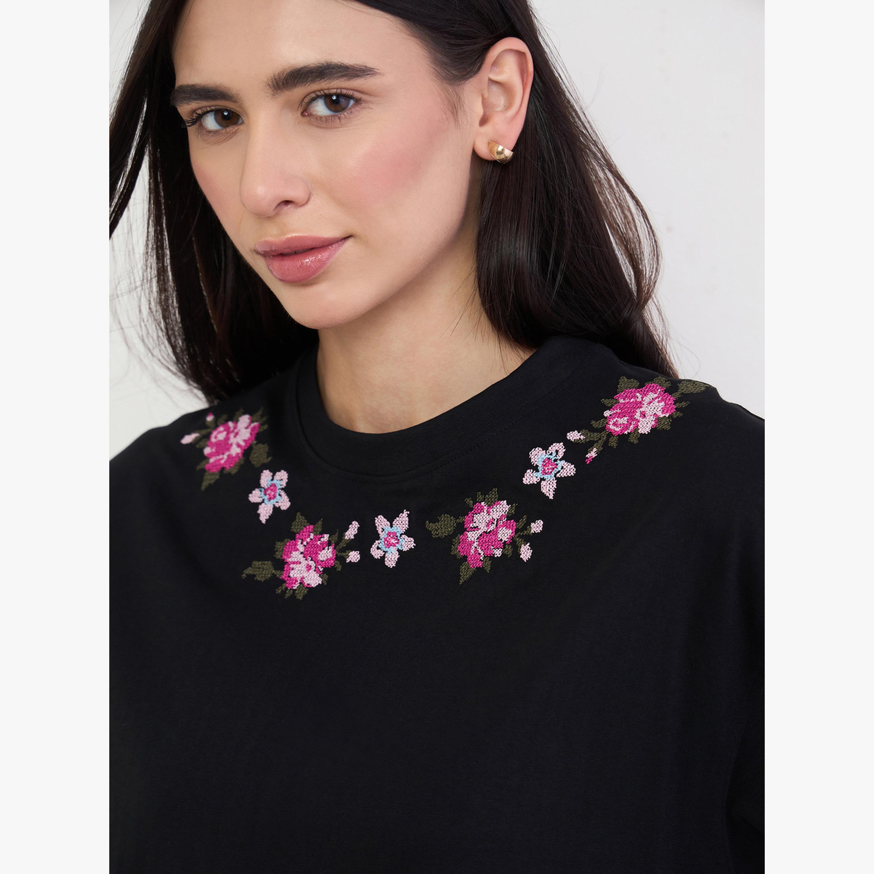 Styli Black Embroidered Floral Oversized T-Shirt-women-clothing-tshirts-image-5