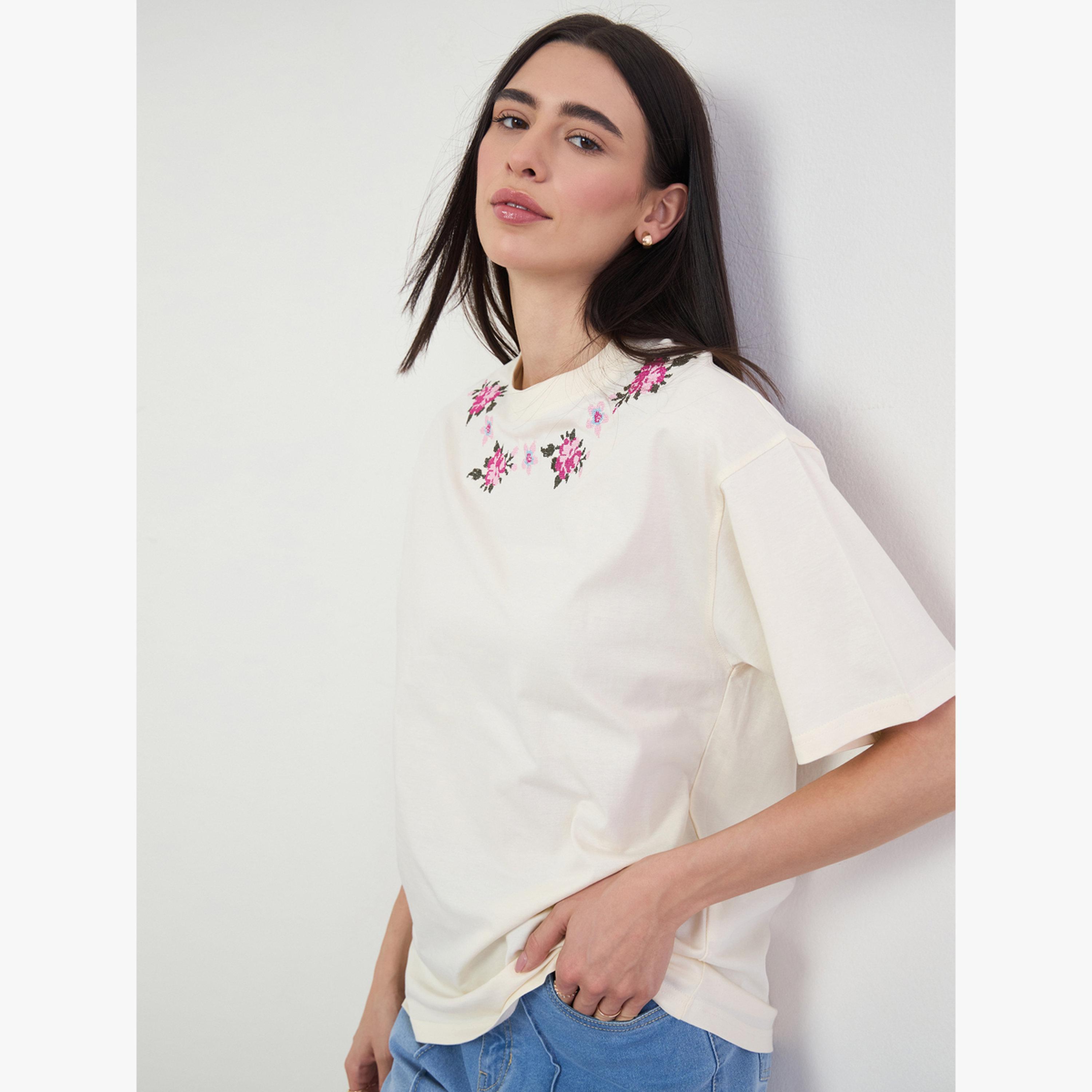 Styli Cream Embroidered Floral Oversized T-Shirt-women-clothing-tshirts-image-3