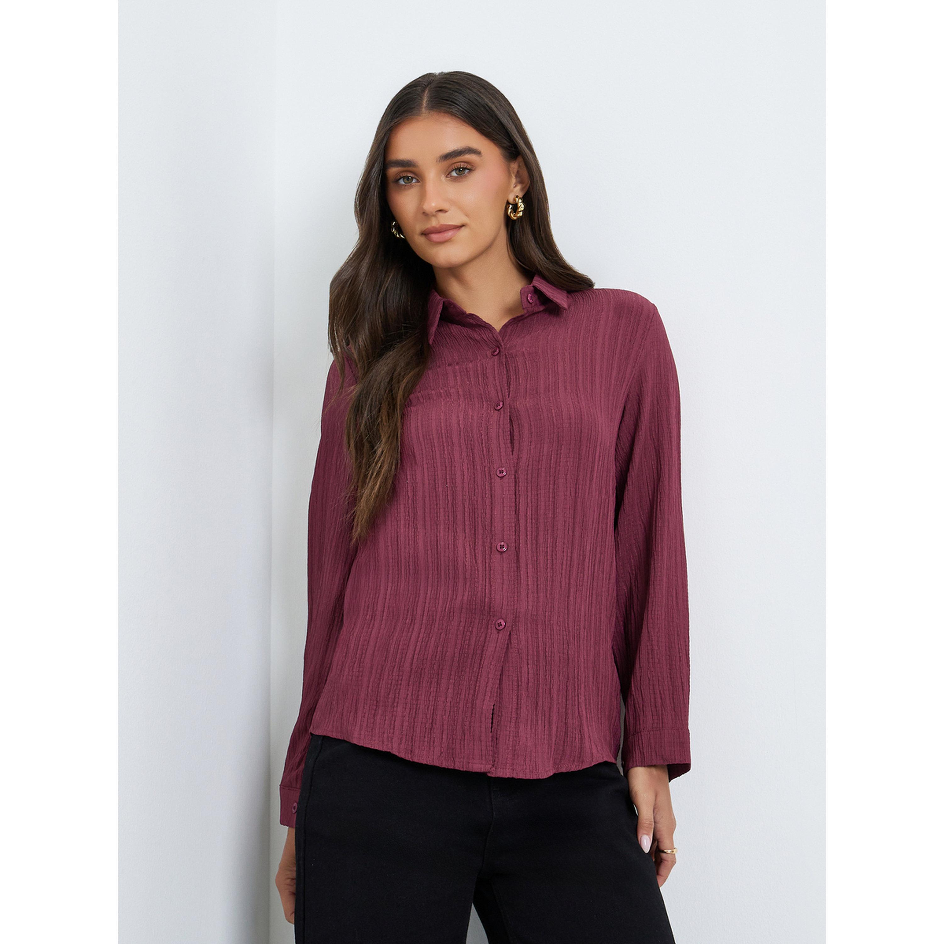بلوزة كتان بتفاصيل بارزة الملمس وأكمام طويلة-women-clothing-shirtsandblouses-shirts-image-1