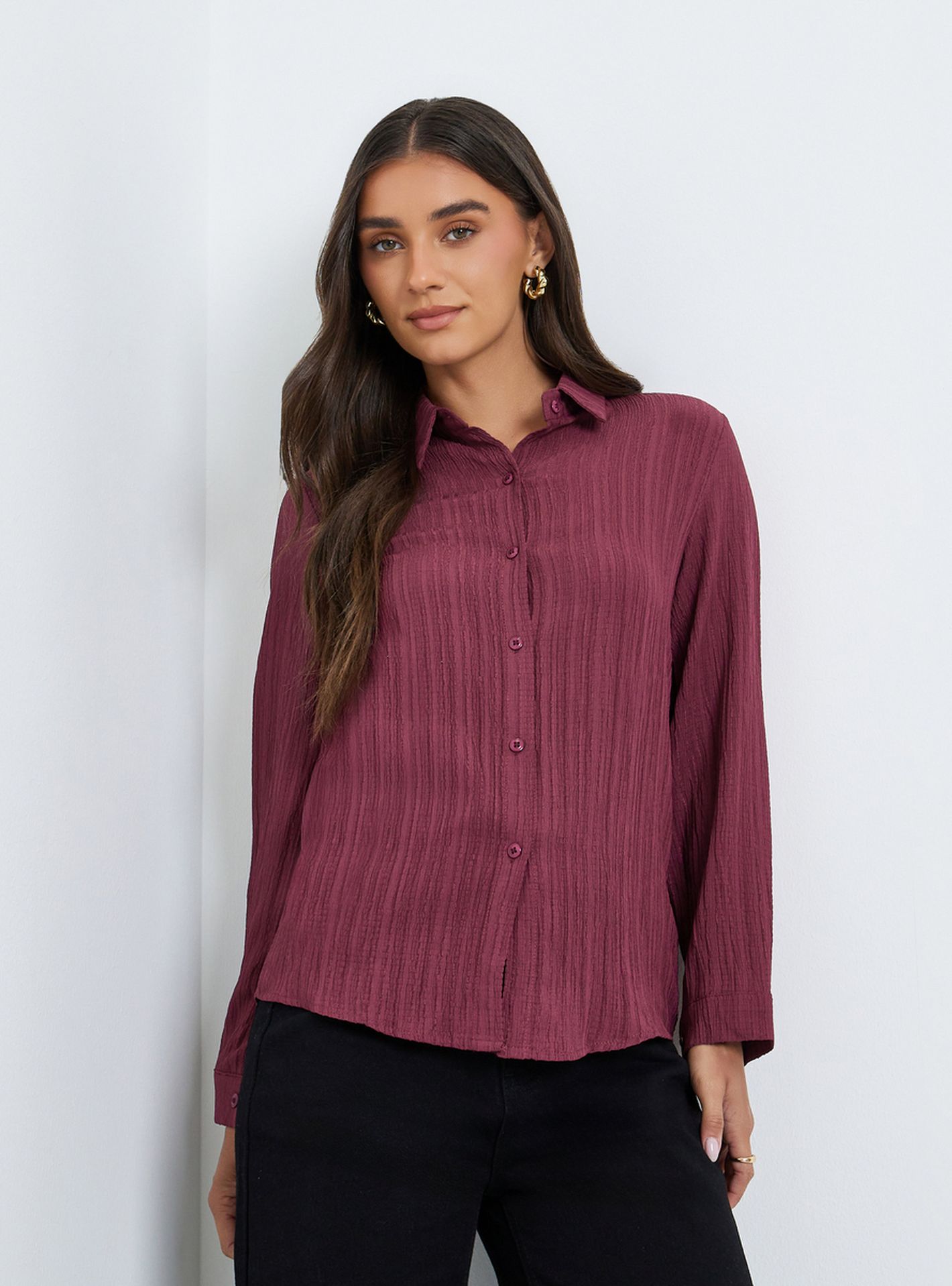 Buy Styli Women Burgundy Textured Linen Long Sleeve Shirt Online | Centrepoint Qatar Buy Styli Women Burgundy Textured Linen Long Sleeve Shirt Online | Centrepoint Qatar