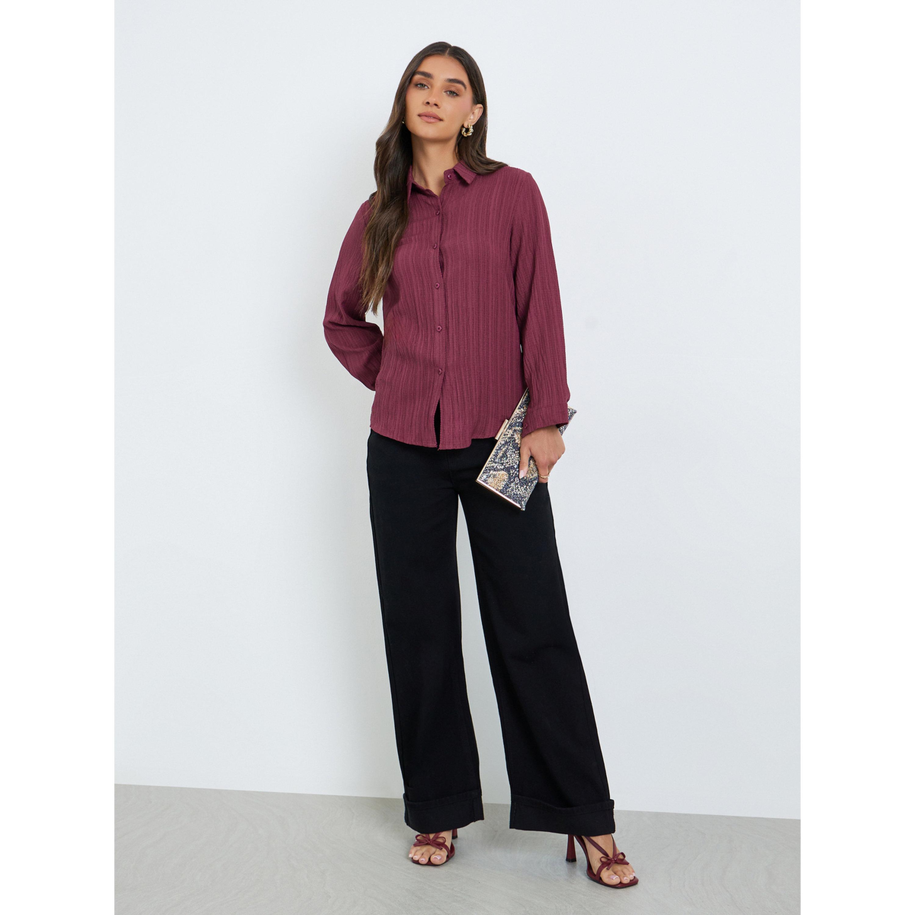 بلوزة كتان بتفاصيل بارزة الملمس وأكمام طويلة-women-clothing-shirtsandblouses-shirts-image-2