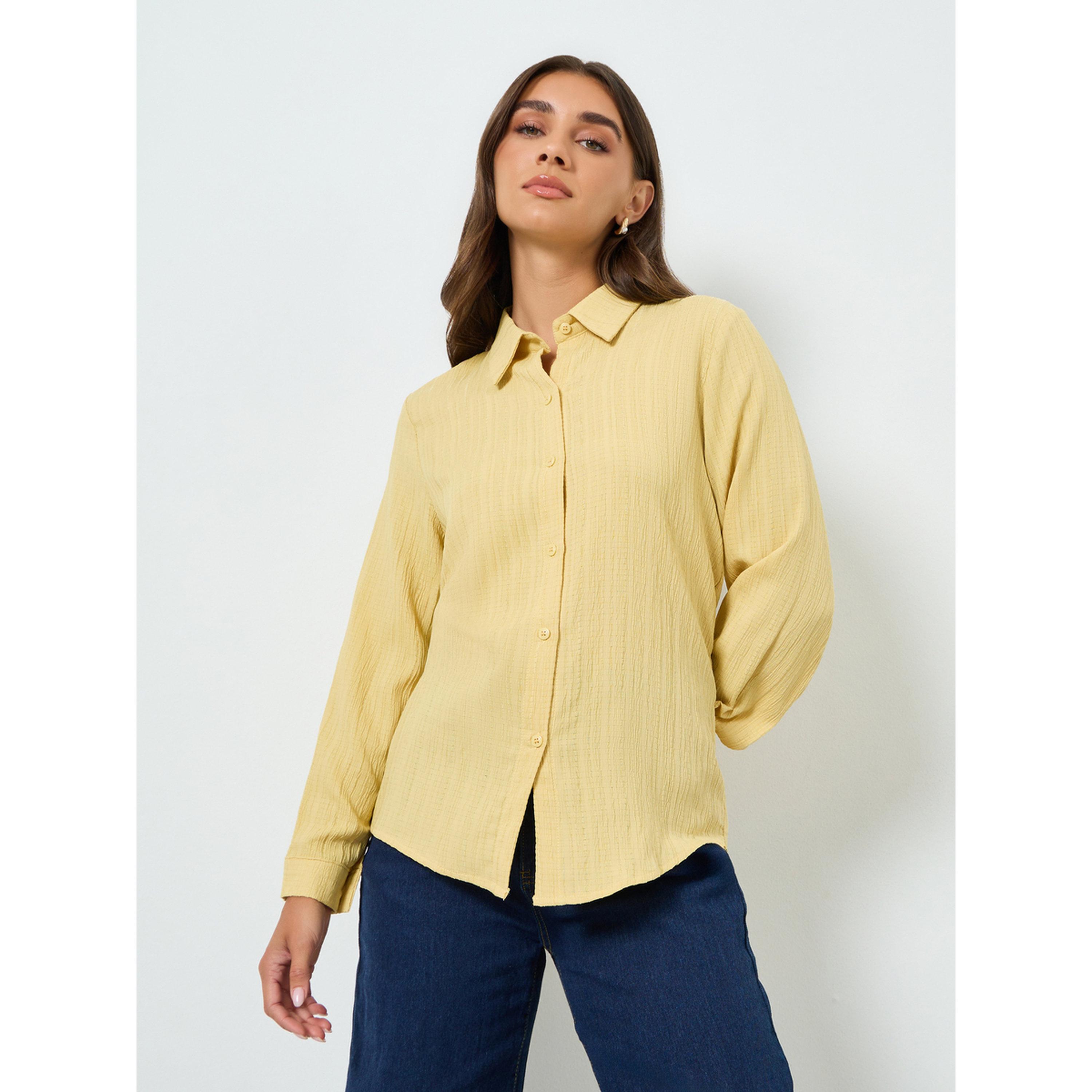 Styli Women Yellow Textured Linen Long Sleeve Shirt-women-clothing-shirtsandblouses-shirts-image-1
