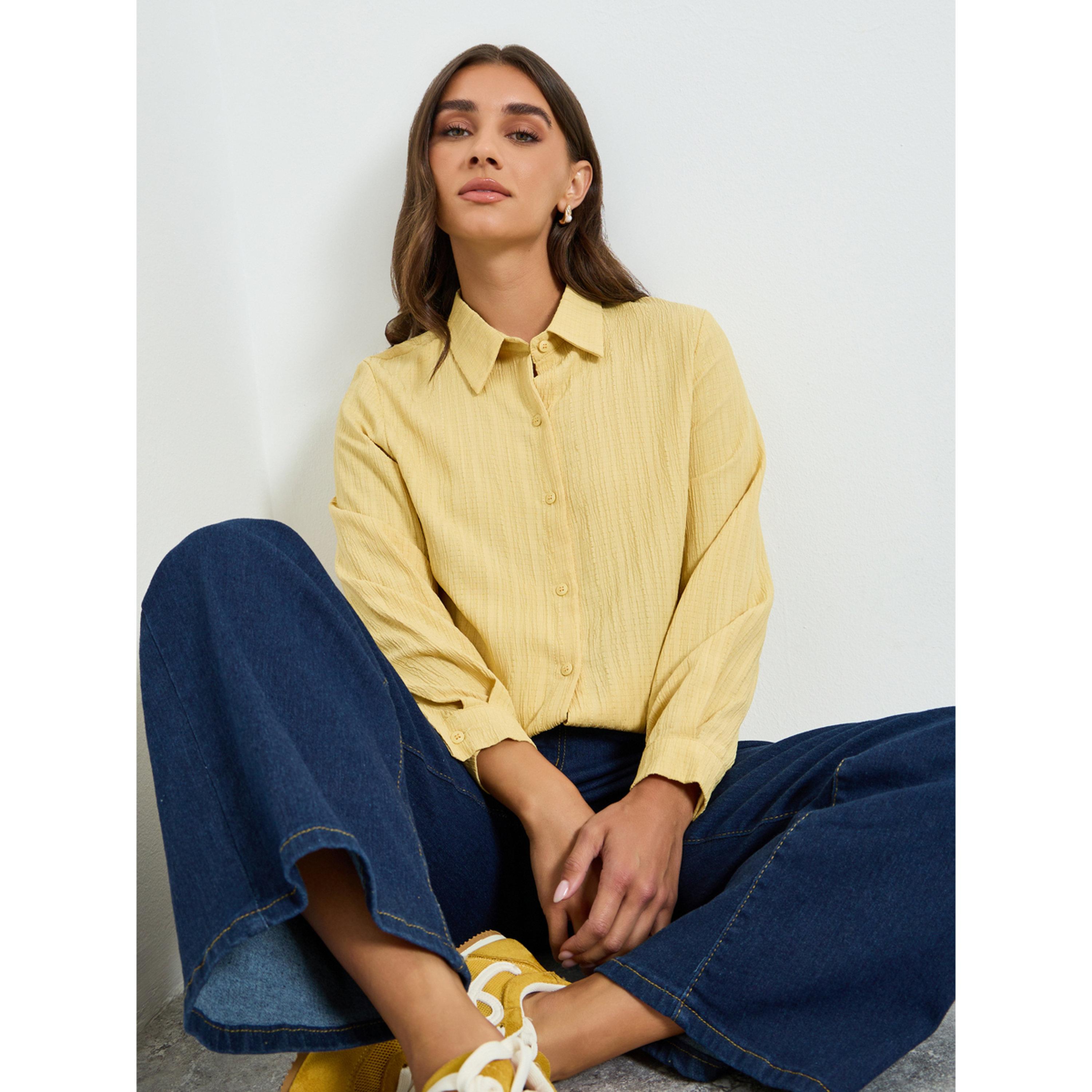 Styli Women Yellow Textured Linen Long Sleeve Shirt-women-clothing-shirtsandblouses-shirts-image-3