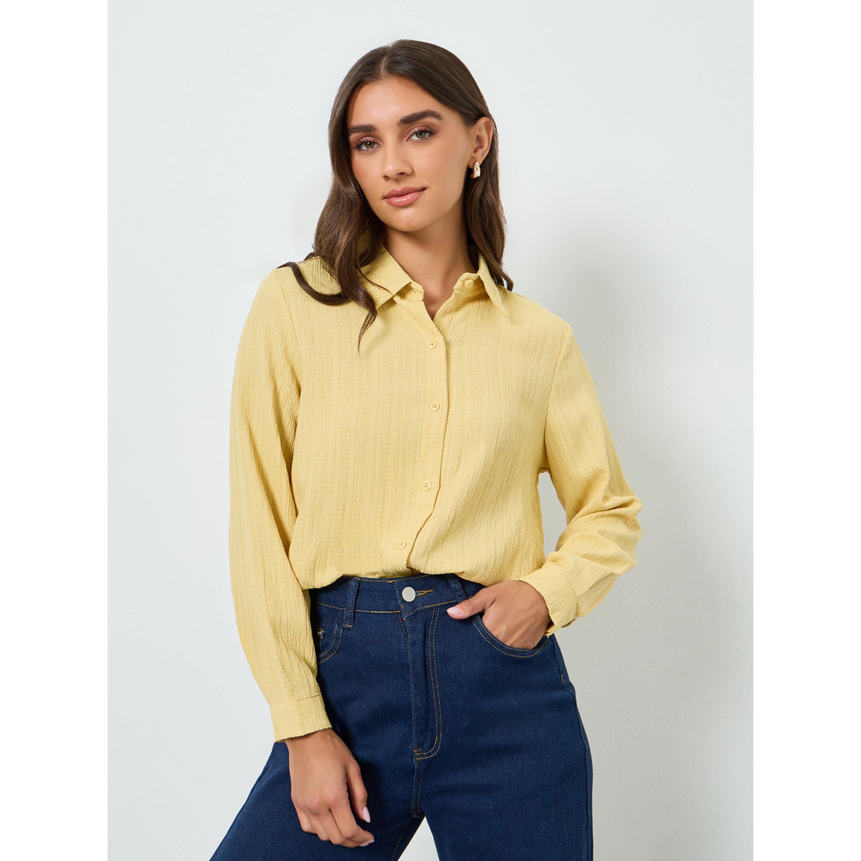 Styli Women Yellow Textured Linen Long Sleeve Shirt-women-clothing-shirtsandblouses-shirts-image-4