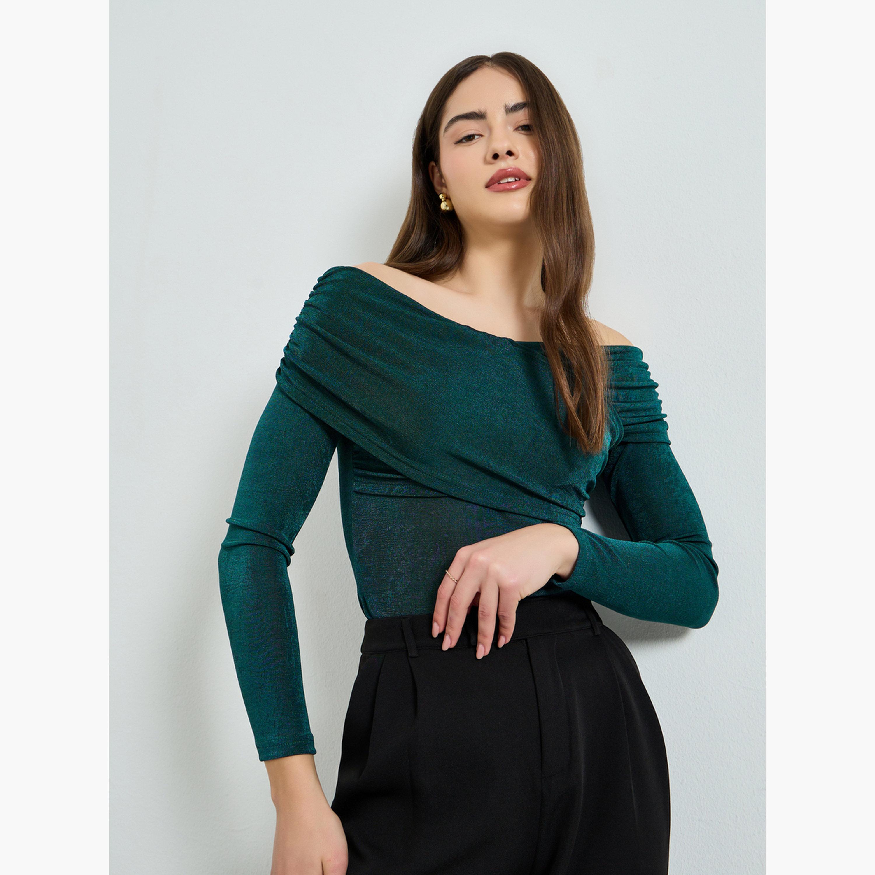 Styli Women Green Off-Shoulder Knit Top-women-clothing-shirtsandblouses-blouses-image-3