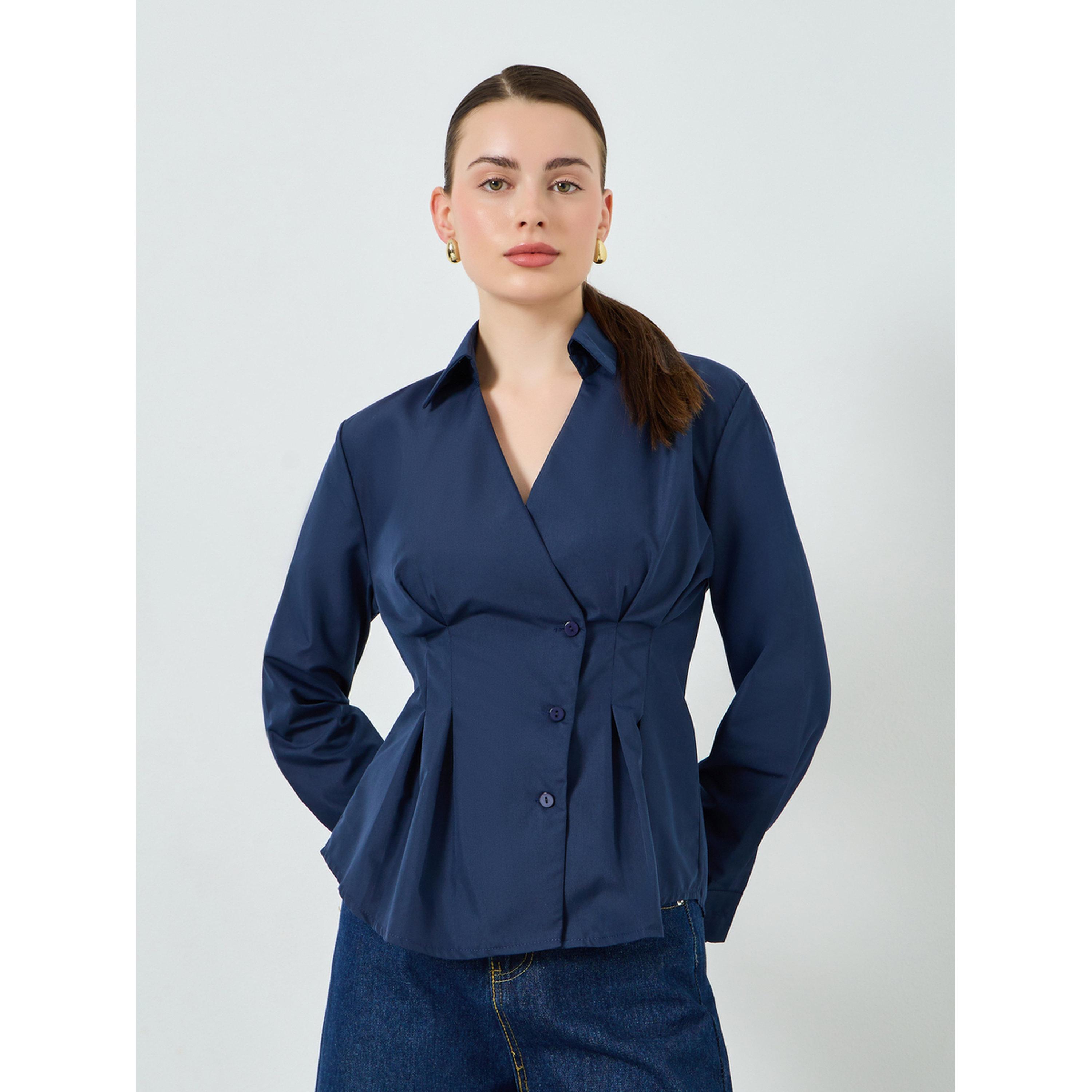 Styli Women Navy Blue Long Sleeve Wrap Top-women-clothing-shirtsandblouses-blouses-image-1