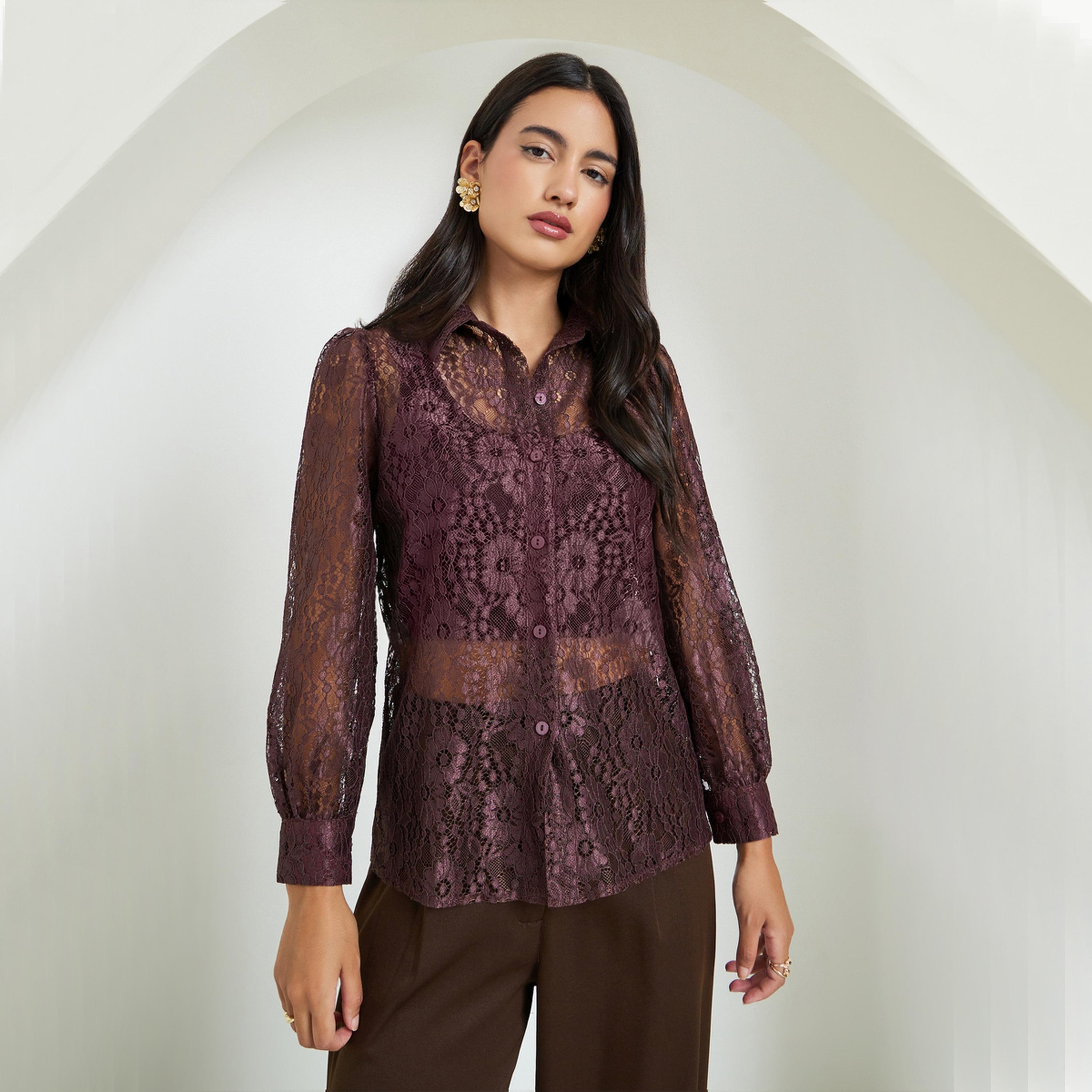 Styli Brown Lace Long Sleeve Shirt-women-clothing-shirtsandblouses-shirts-image-1