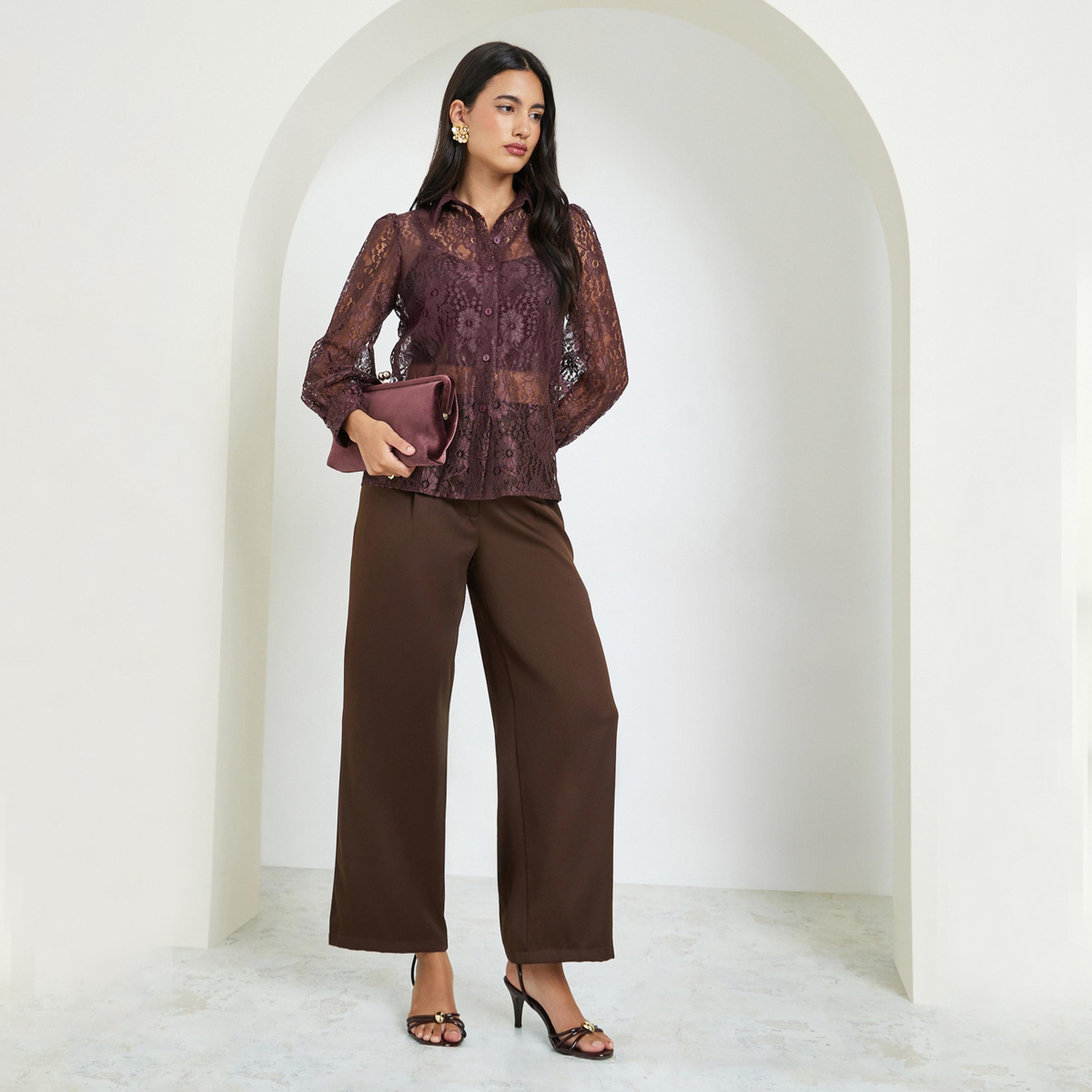 Styli Brown Lace Long Sleeve Shirt-women-clothing-shirtsandblouses-shirts-image-2