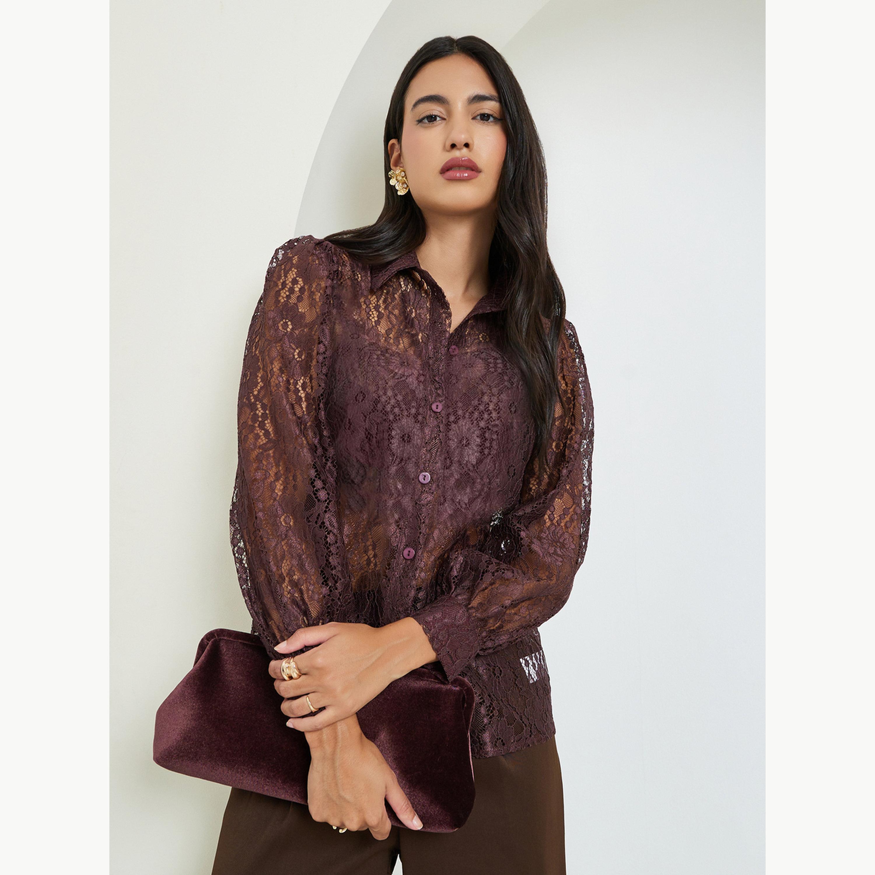 Styli Brown Lace Long Sleeve Shirt-women-clothing-shirtsandblouses-shirts-image-3