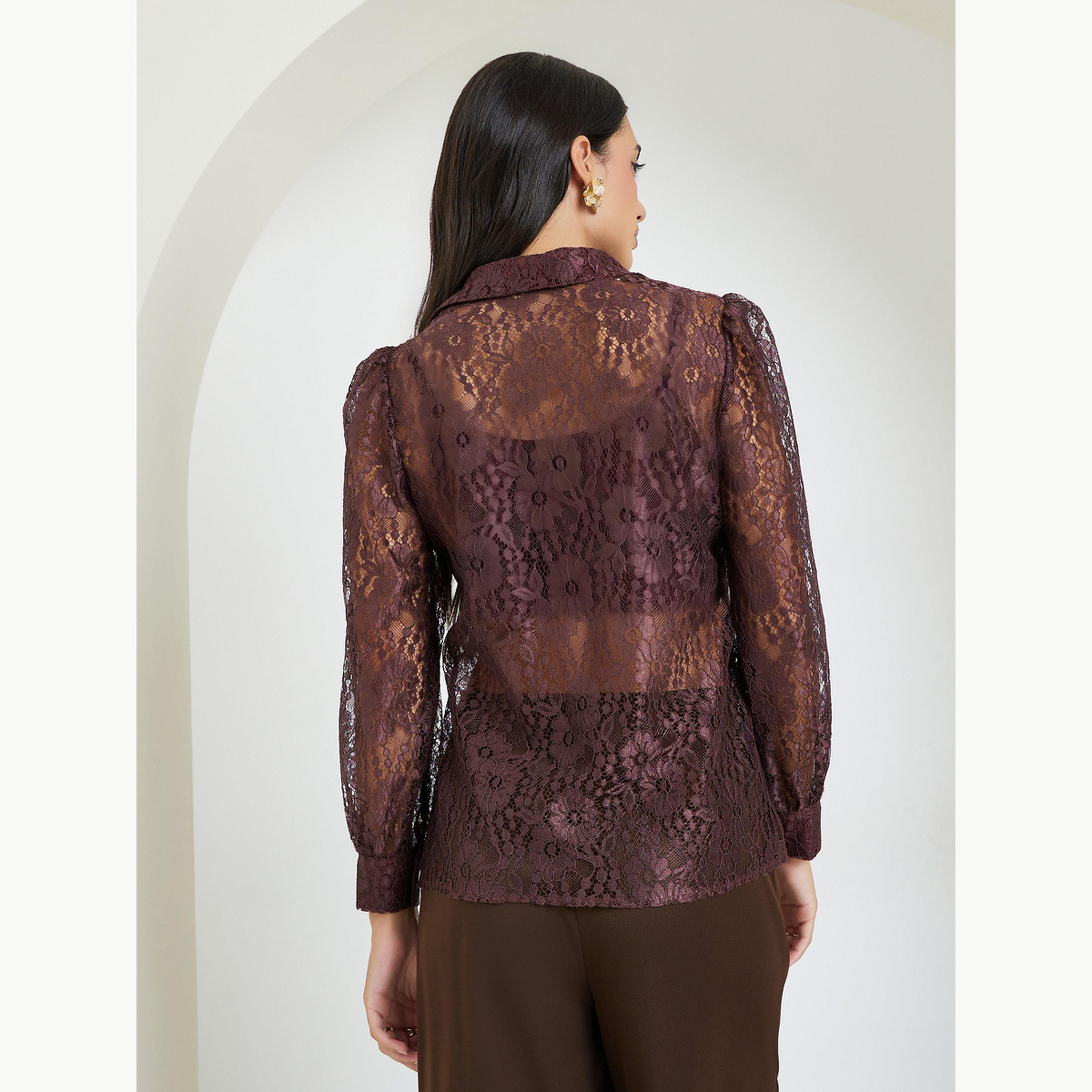 Styli Brown Lace Long Sleeve Shirt-women-clothing-shirtsandblouses-shirts-image-4