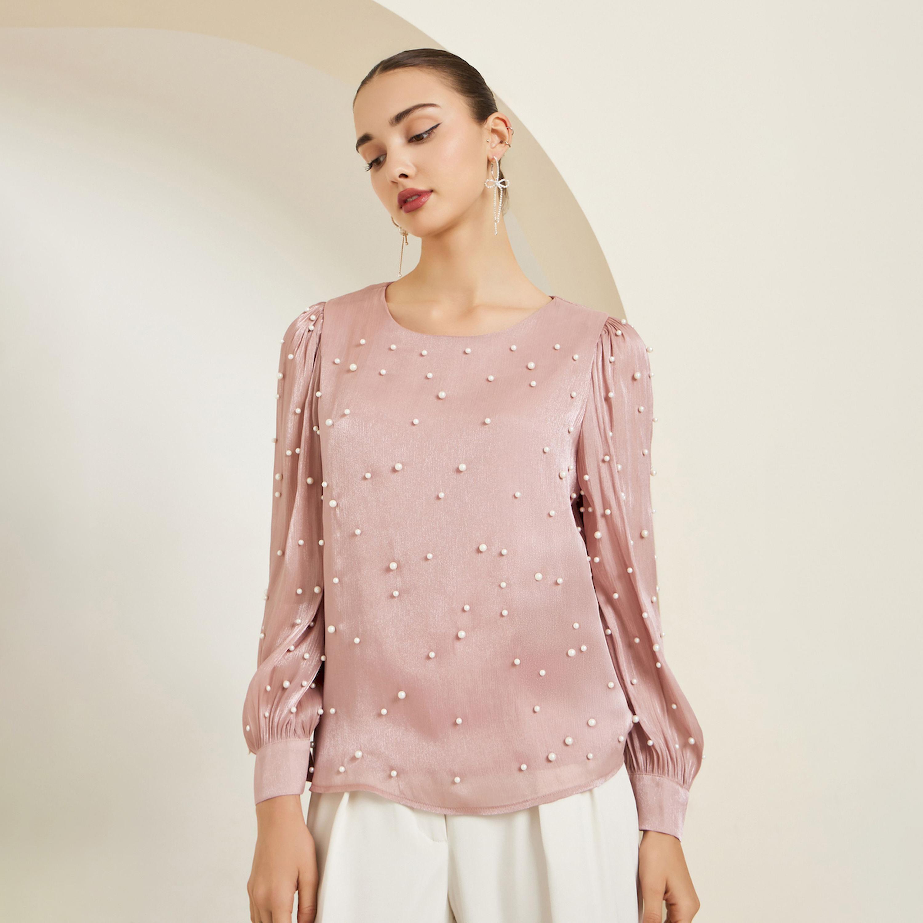 Styli Pink Pearl Embellished Long Sleeve Blouse-women-clothing-shirtsandblouses-blouses-image-1