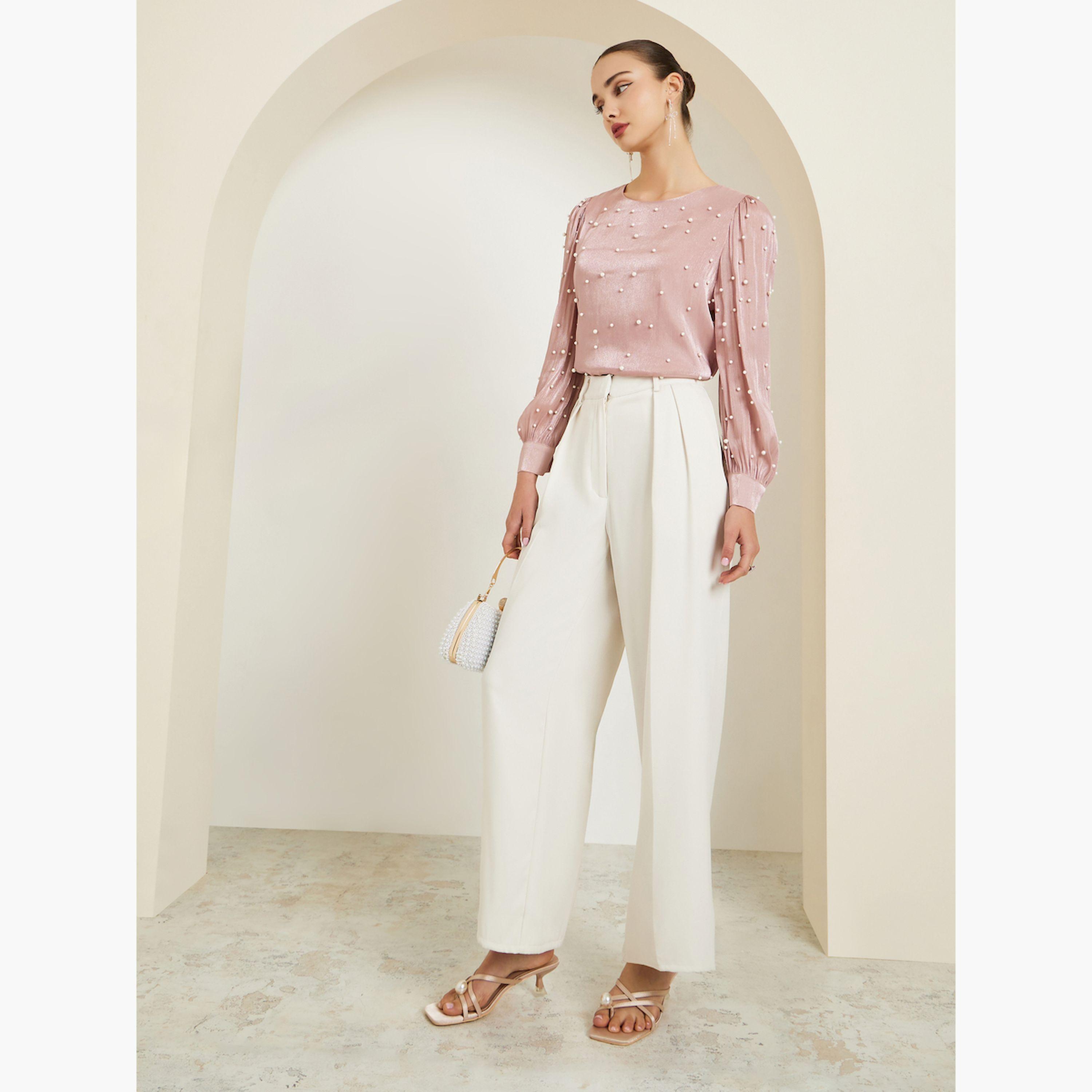 Styli Pink Pearl Embellished Long Sleeve Blouse-women-clothing-shirtsandblouses-blouses-image-2