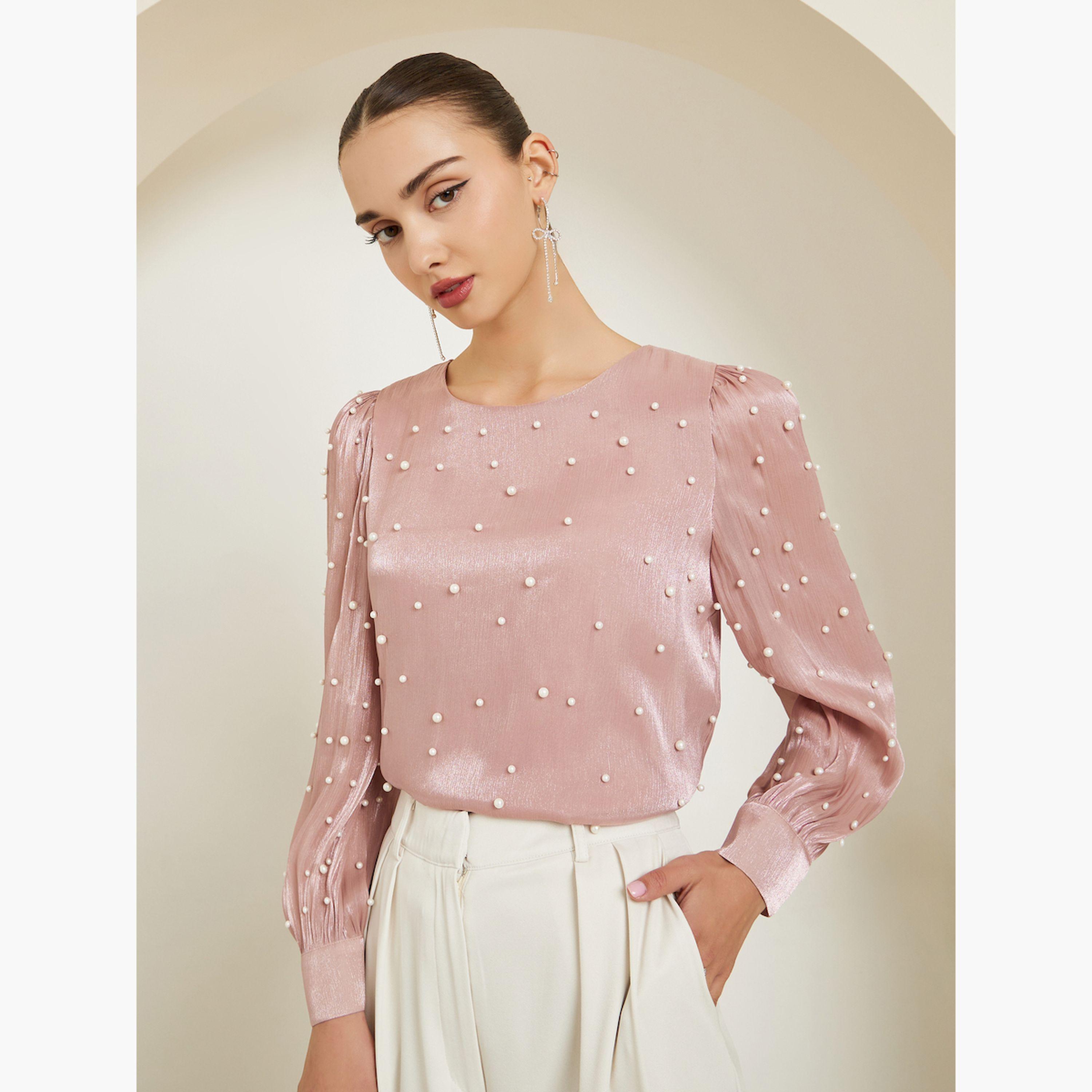 Styli Pink Pearl Embellished Long Sleeve Blouse-women-clothing-shirtsandblouses-blouses-image-3
